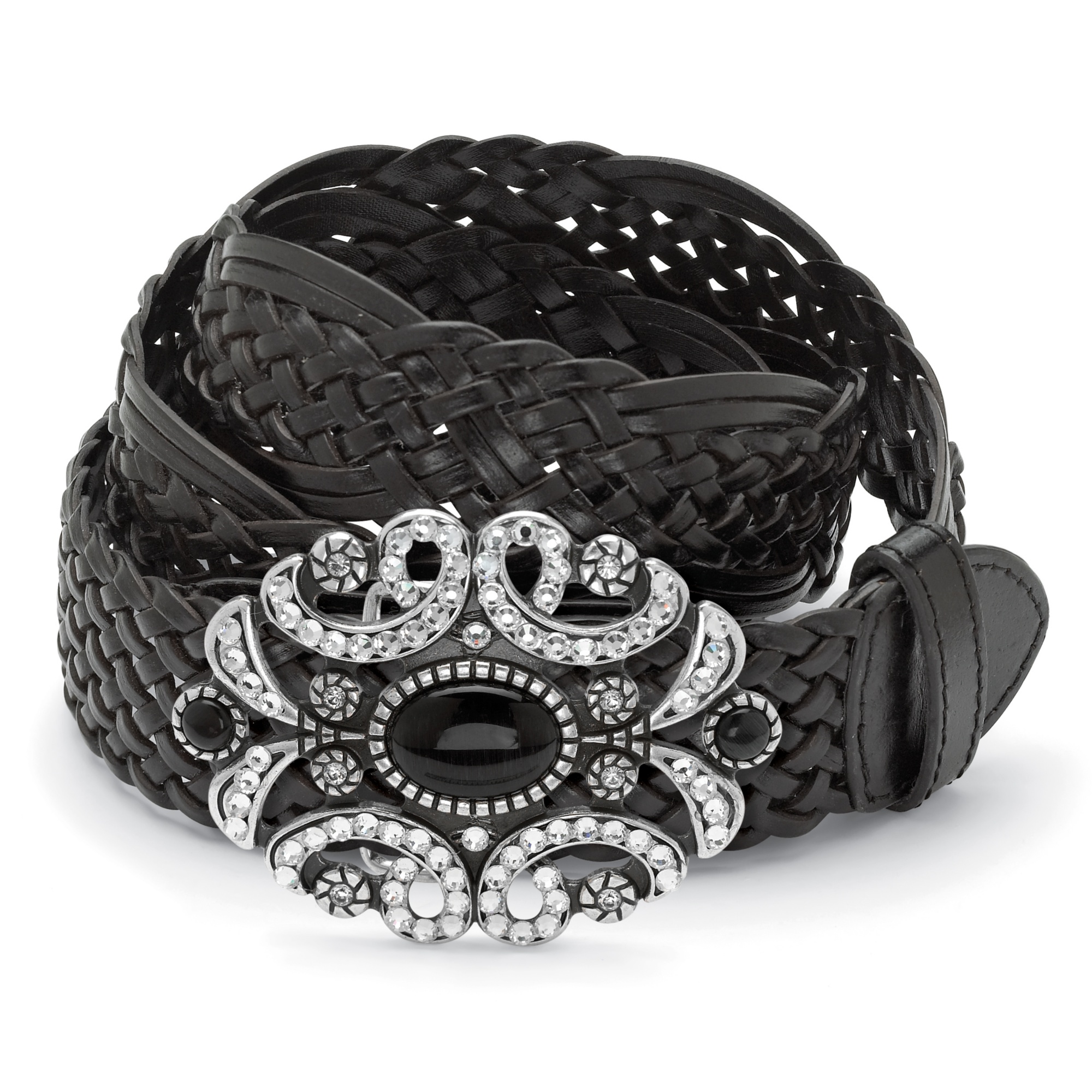 Antiqued Silvertone Metal Cat's-Eye Cabochon and Crystal Oval-Shaped Belt ...