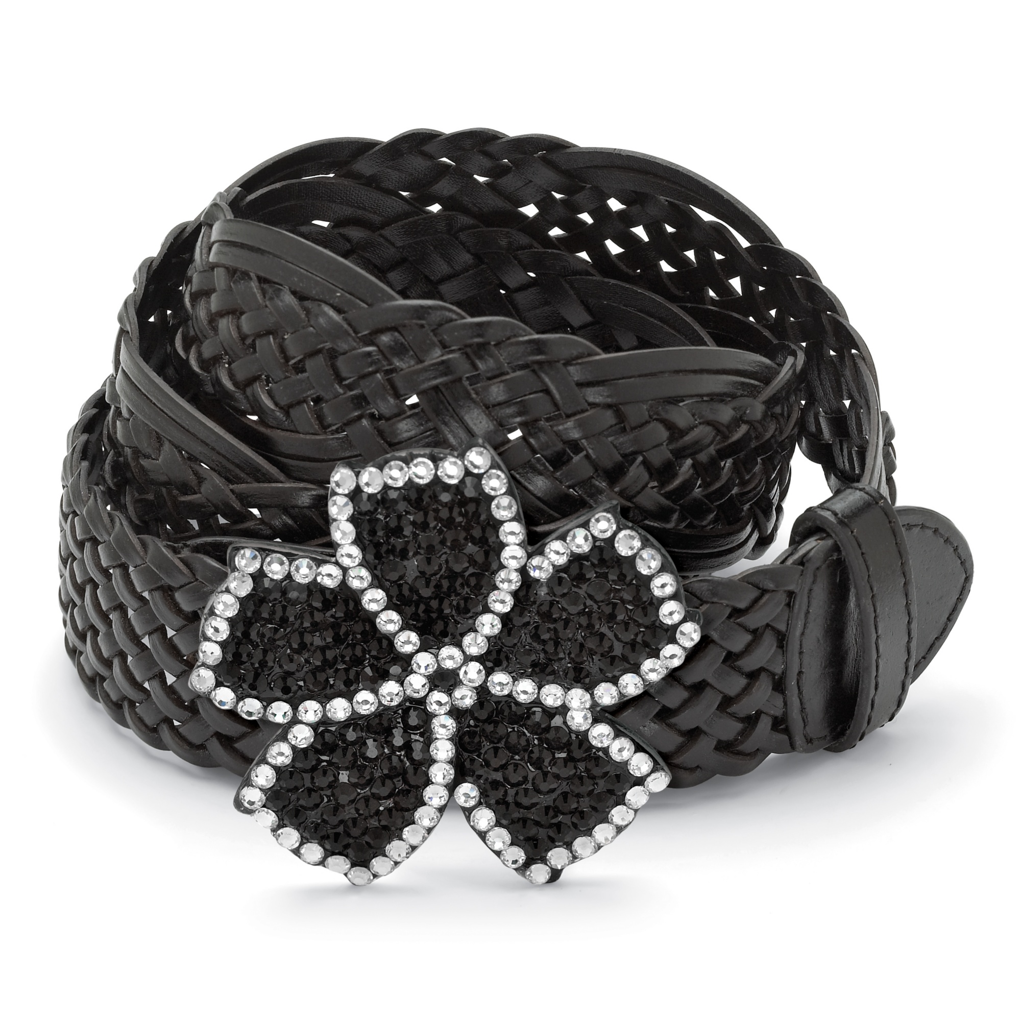 Antiqued Silvertone Metal Black and White Crystal Flower-Shaped Belt Buckle ...
