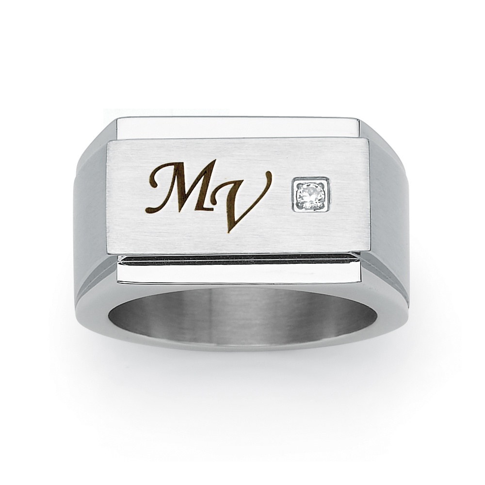 Men's Stainless Steel DiamonUltra&trade; Cubic Zirconia Initial Block Ring