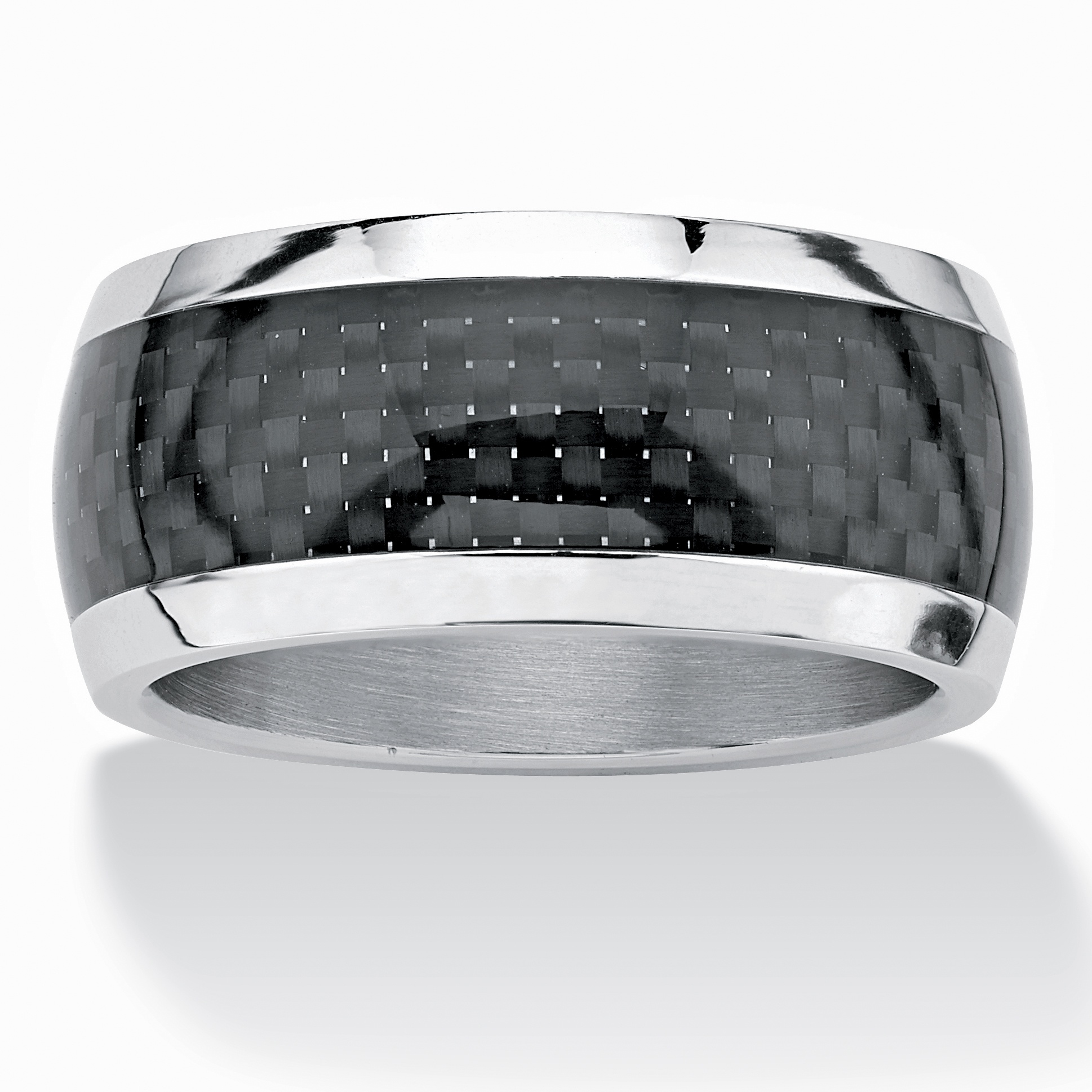 Men's Stainless Steel and Black IP-Plated Checkerboard Motif Wedding Band Ring