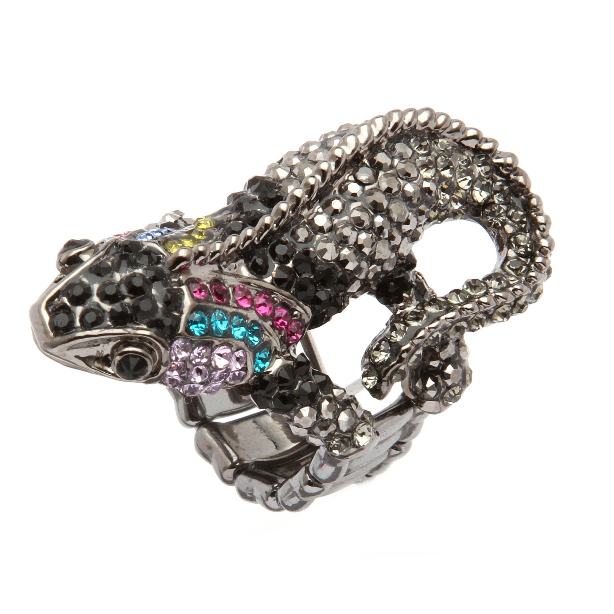Black Ruthenium Finish Multi-Colored Crystal Gecko Lizard Stretch Ring ...