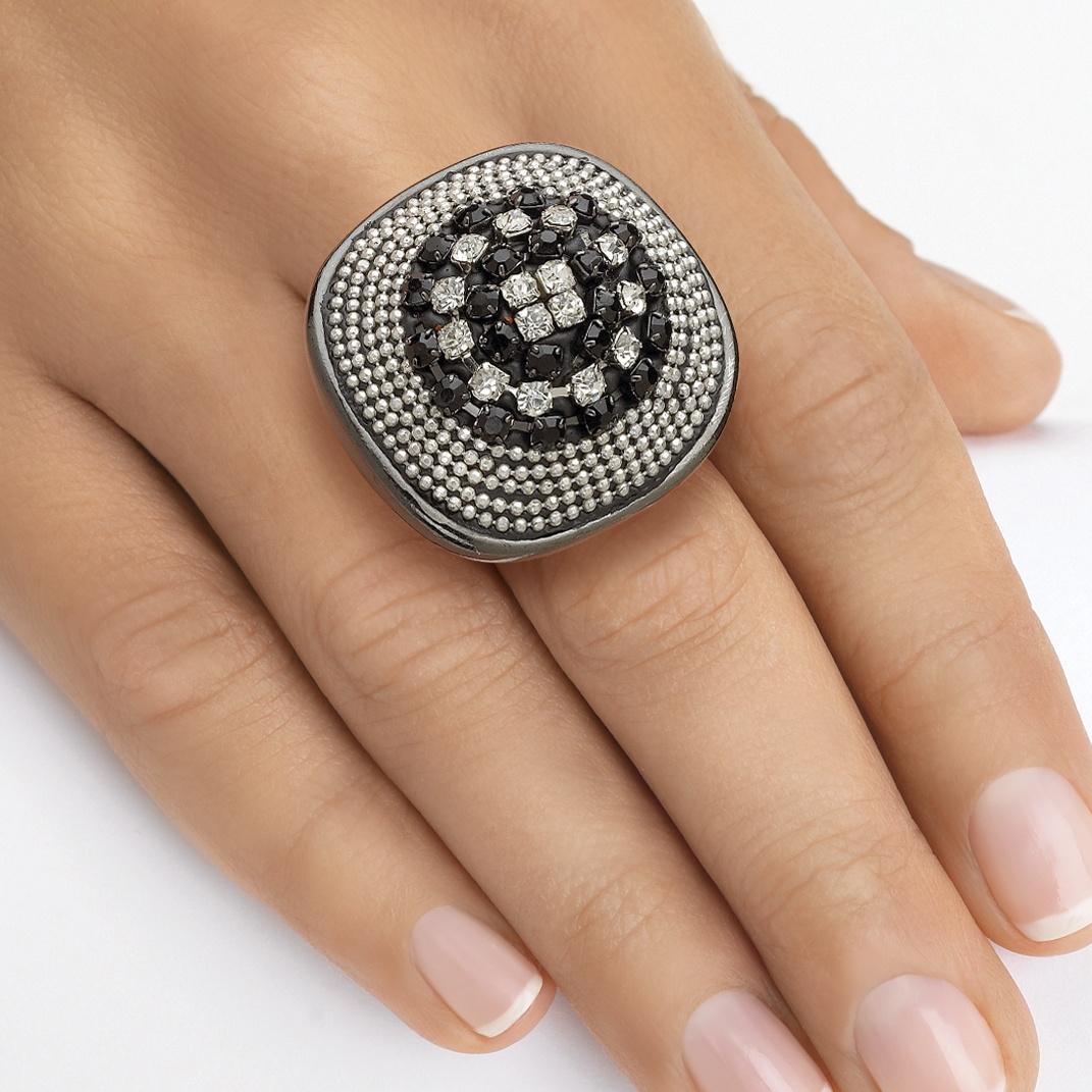 Black Ruthenium Finish Black and White Multi-Crystal Beaded Stretch Ring ...