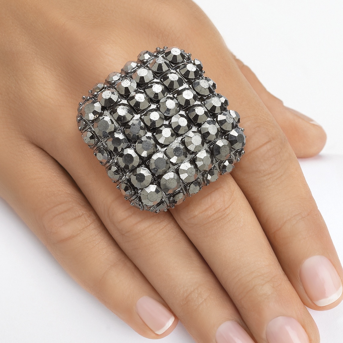 Black Ruthenium Finish Grey Multi-Crystal Square Stretch Ring Expandable Sizes