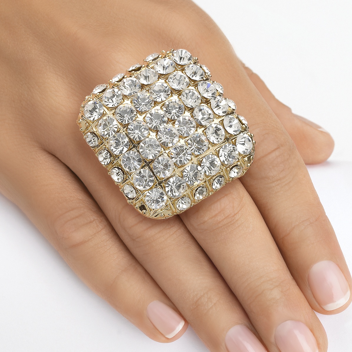 Goldtone Metal Multi-Crystal Square Stretch Ring Expandable Sizes