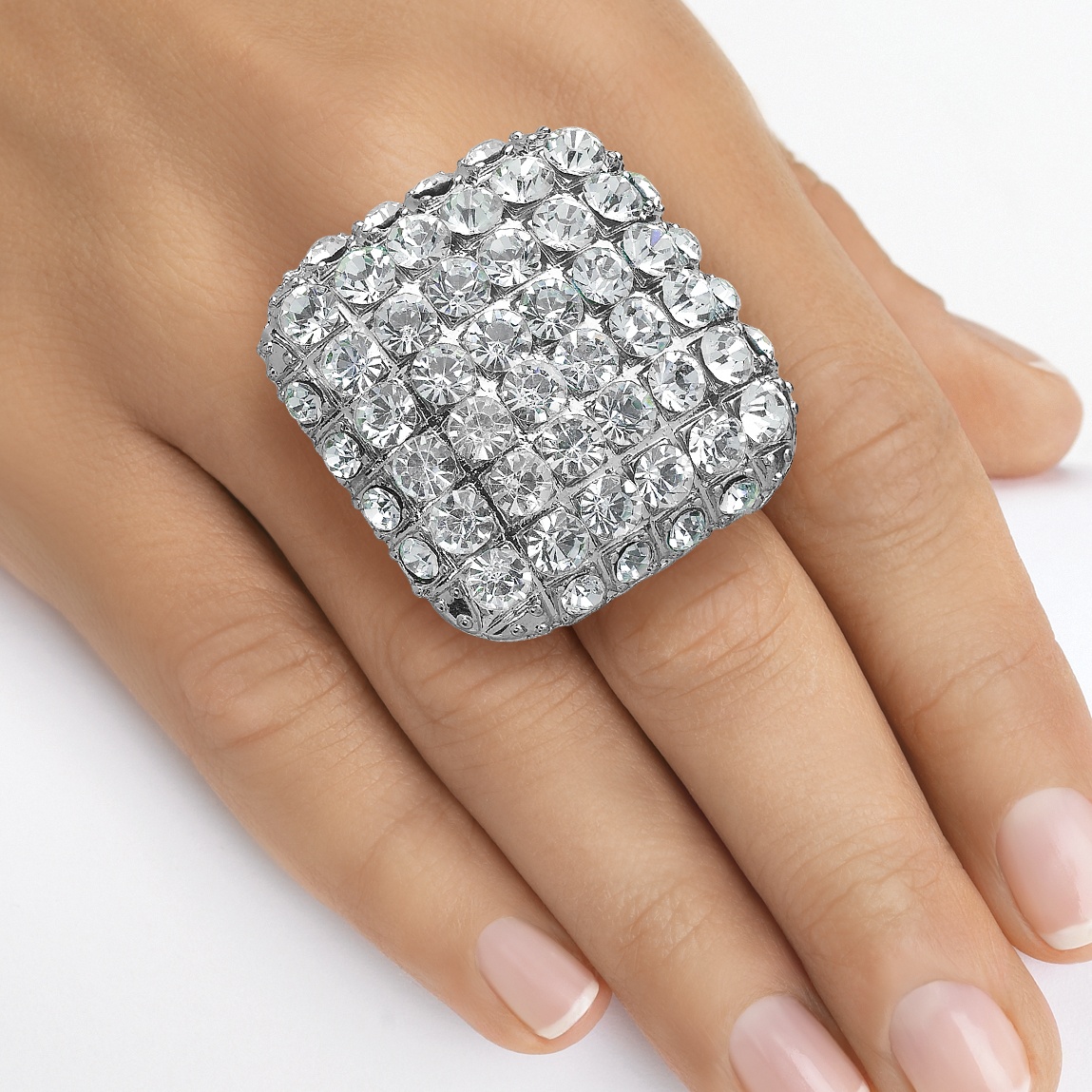 Silvertone Metal Multi-Crystal Square-Shaped Stretch Ring Expandable Sizes