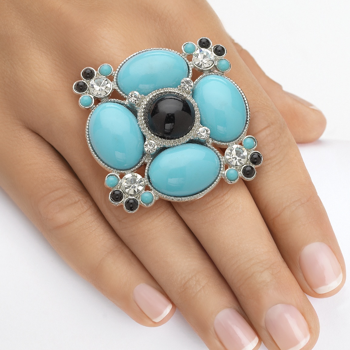 Silvertone Metal Simulated Turquoise and Simulated Onyx & Crystal Geometric ...