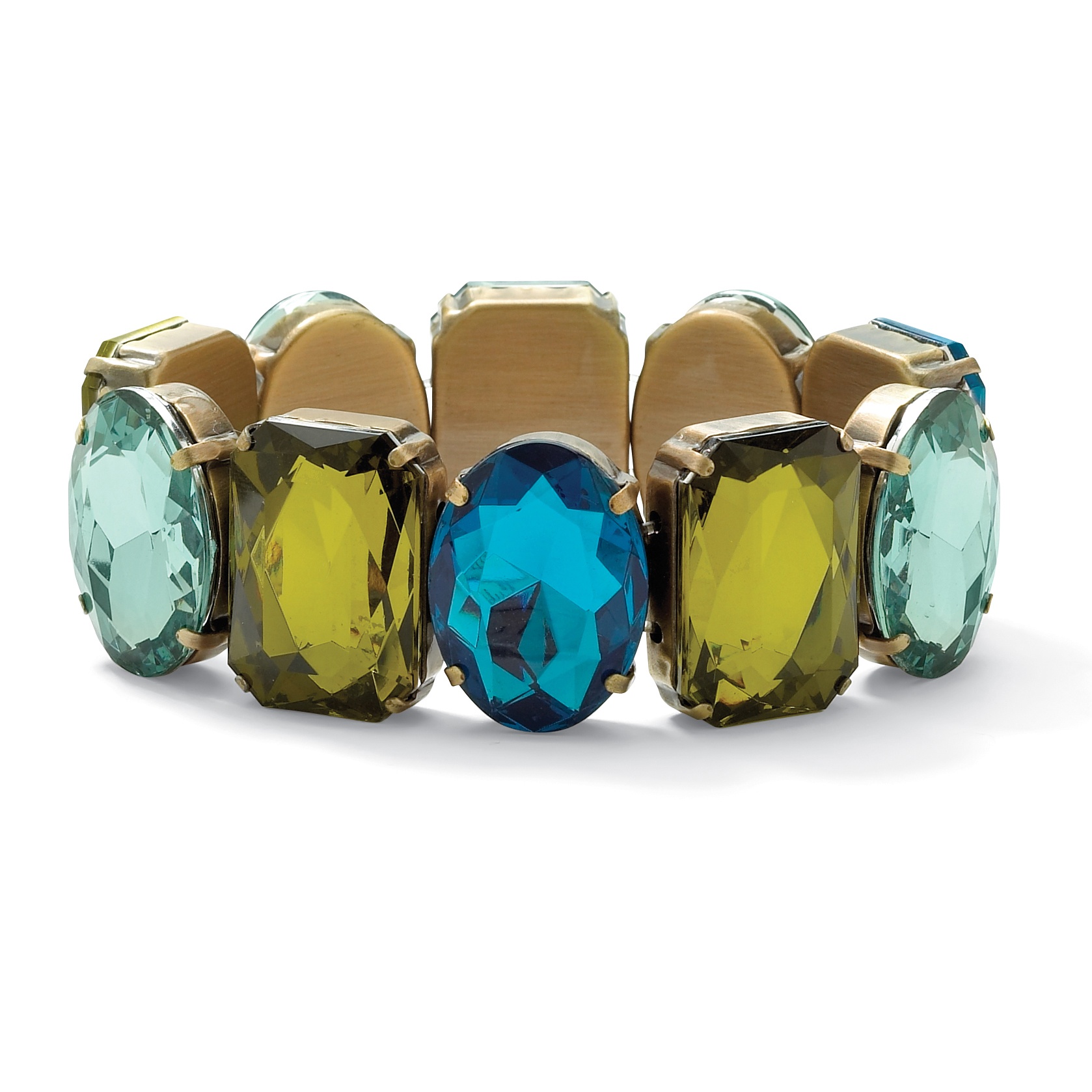 Blue and Green Faceted Lucite Stretch Bracelet in Antiqued Goldtone Metal