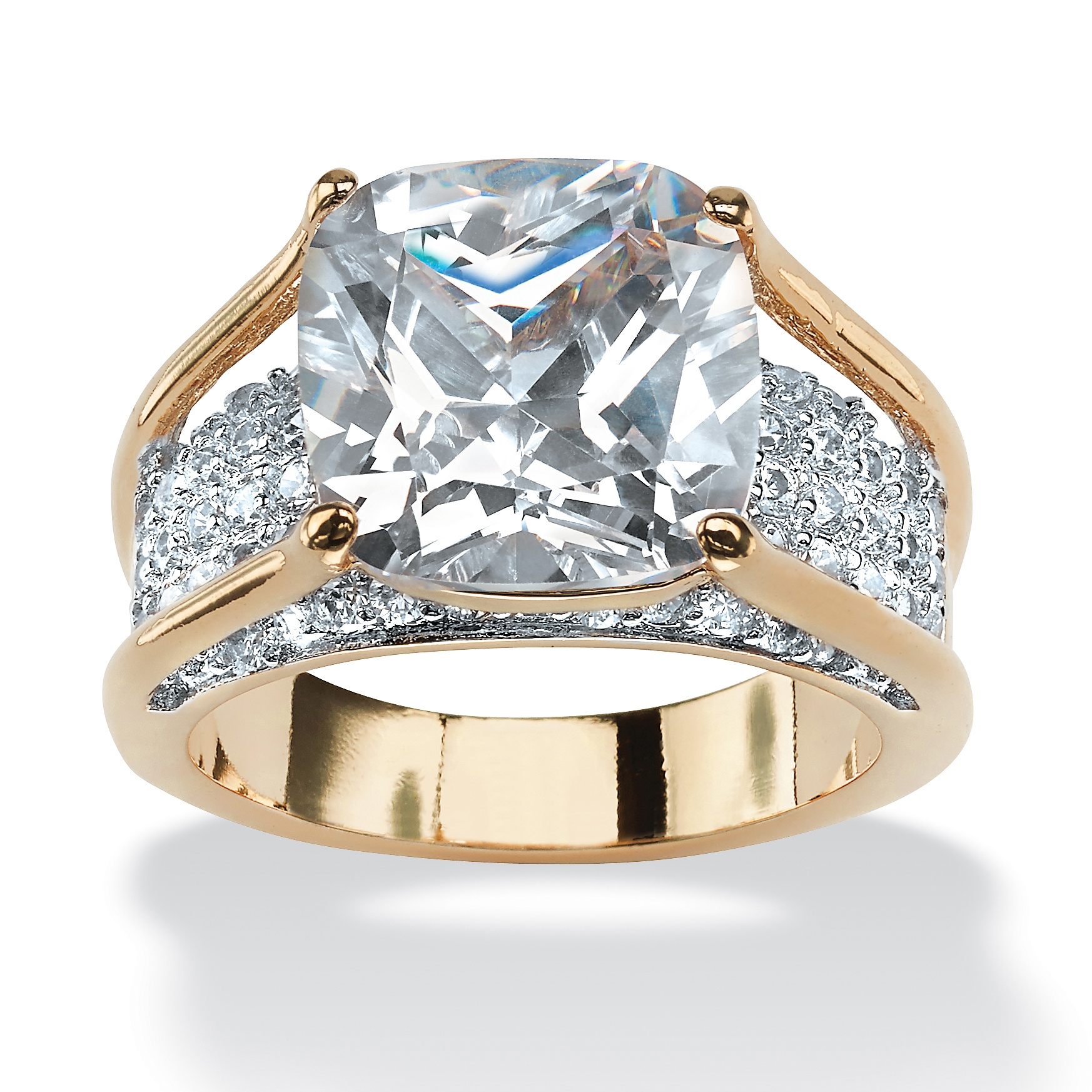 14k Gold-Plated Cushion-Cut and Round DiamonUltra&trade; Cubic Zirconia Ring