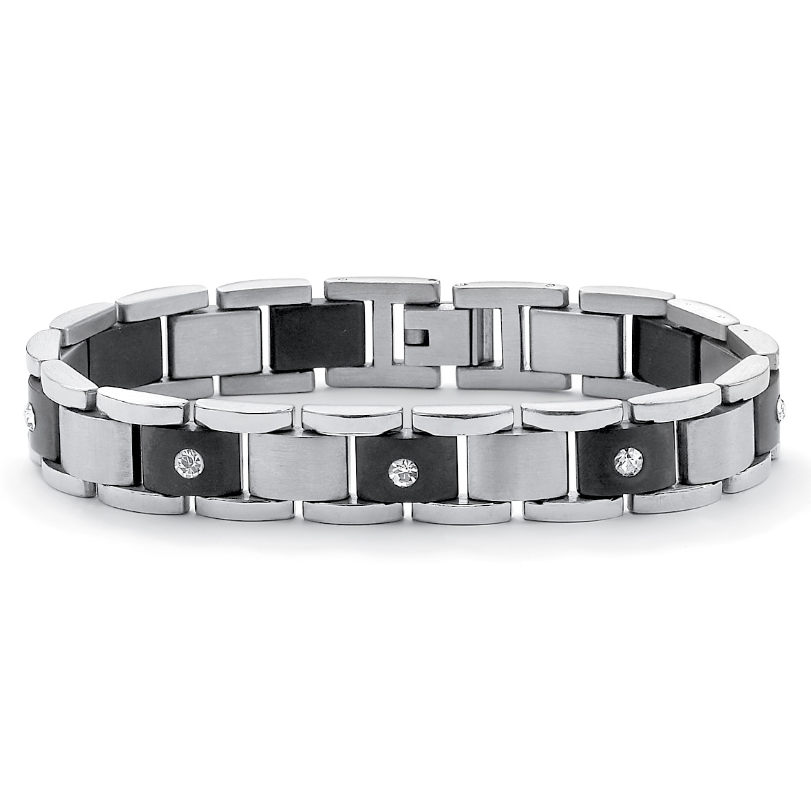 Men's Tutone Black Rhodium and Stainless Steel Crystal Bar-Link Bracelet