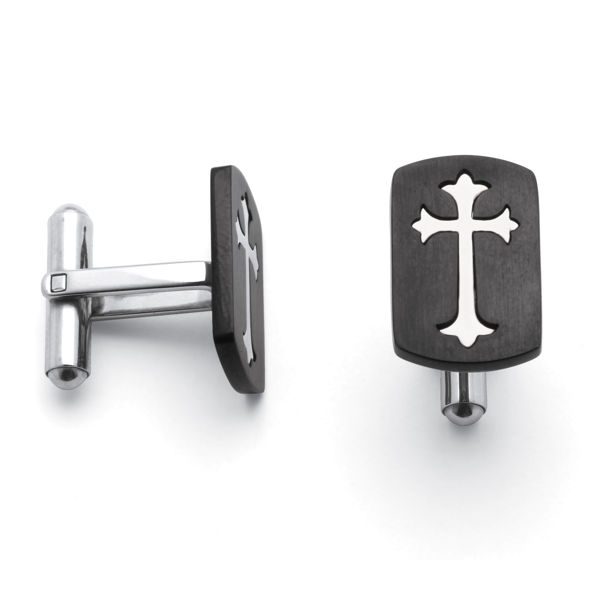 Black IP Stainless Steel and Stainless Steel Cross Cuff Links