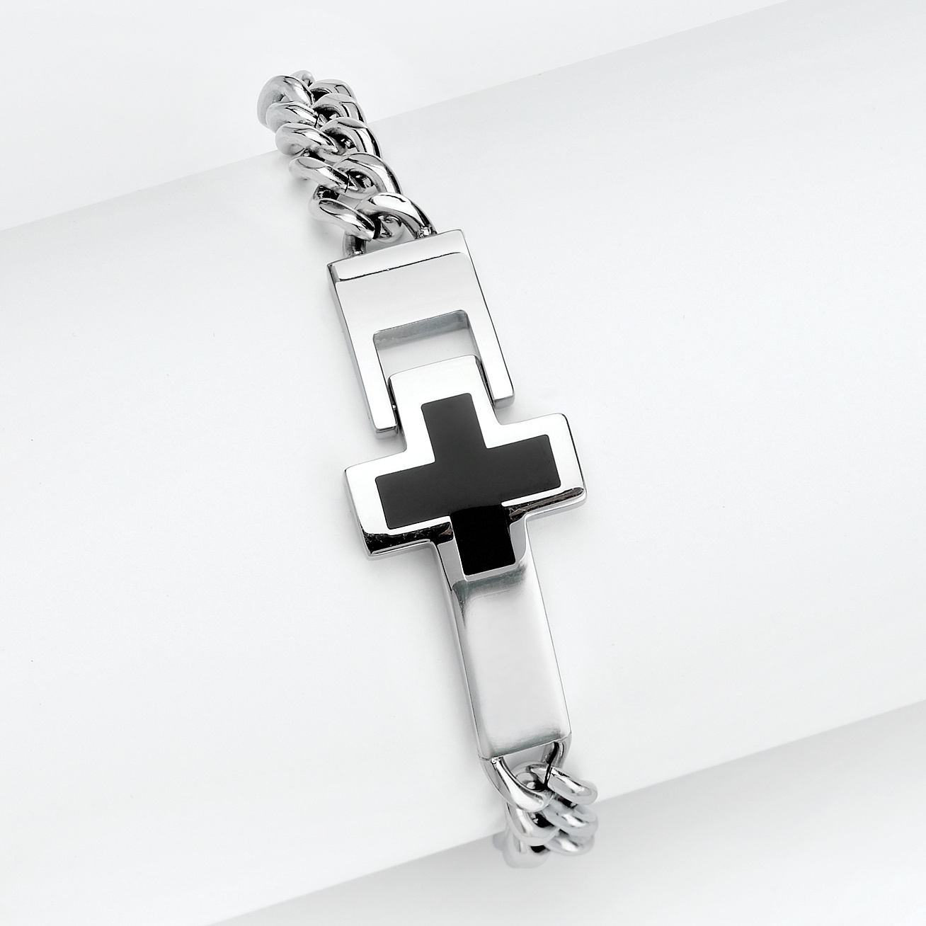 Men's Stainless Steel and Enamel Cross Curb-Link Bracelet