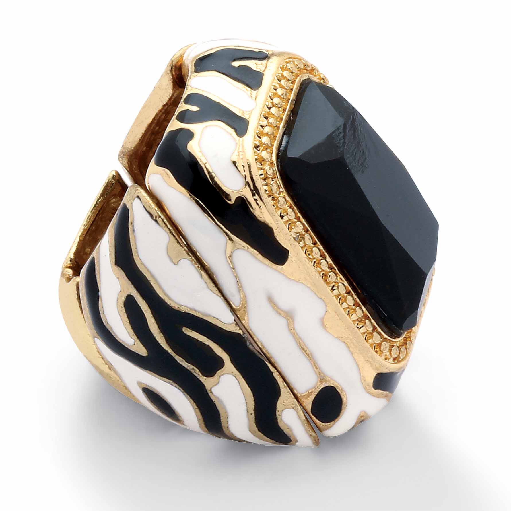 Goldtone Metal Black Crystal Enamel Zebra Stretch Ring