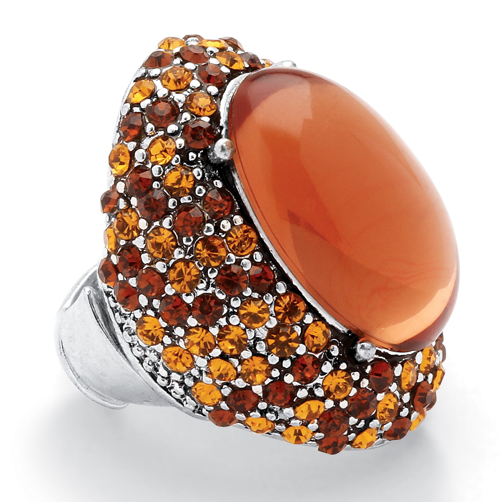 Oval Cut Amber-Color Crystal Silvertone Metal Stretch Ring