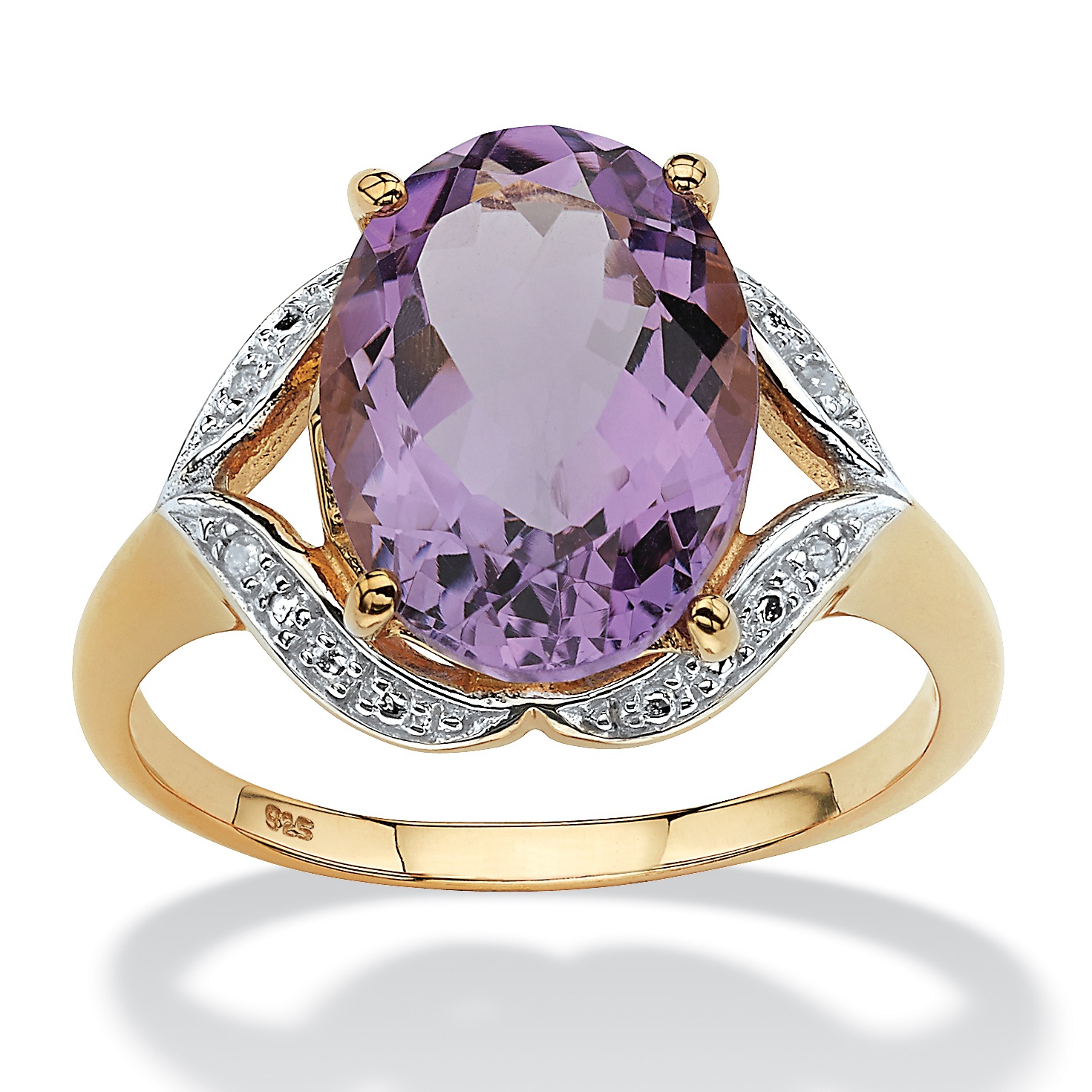 Tutone 18k Gold over Sterling Silver Oval Amethyst and Diamond Accent Ring