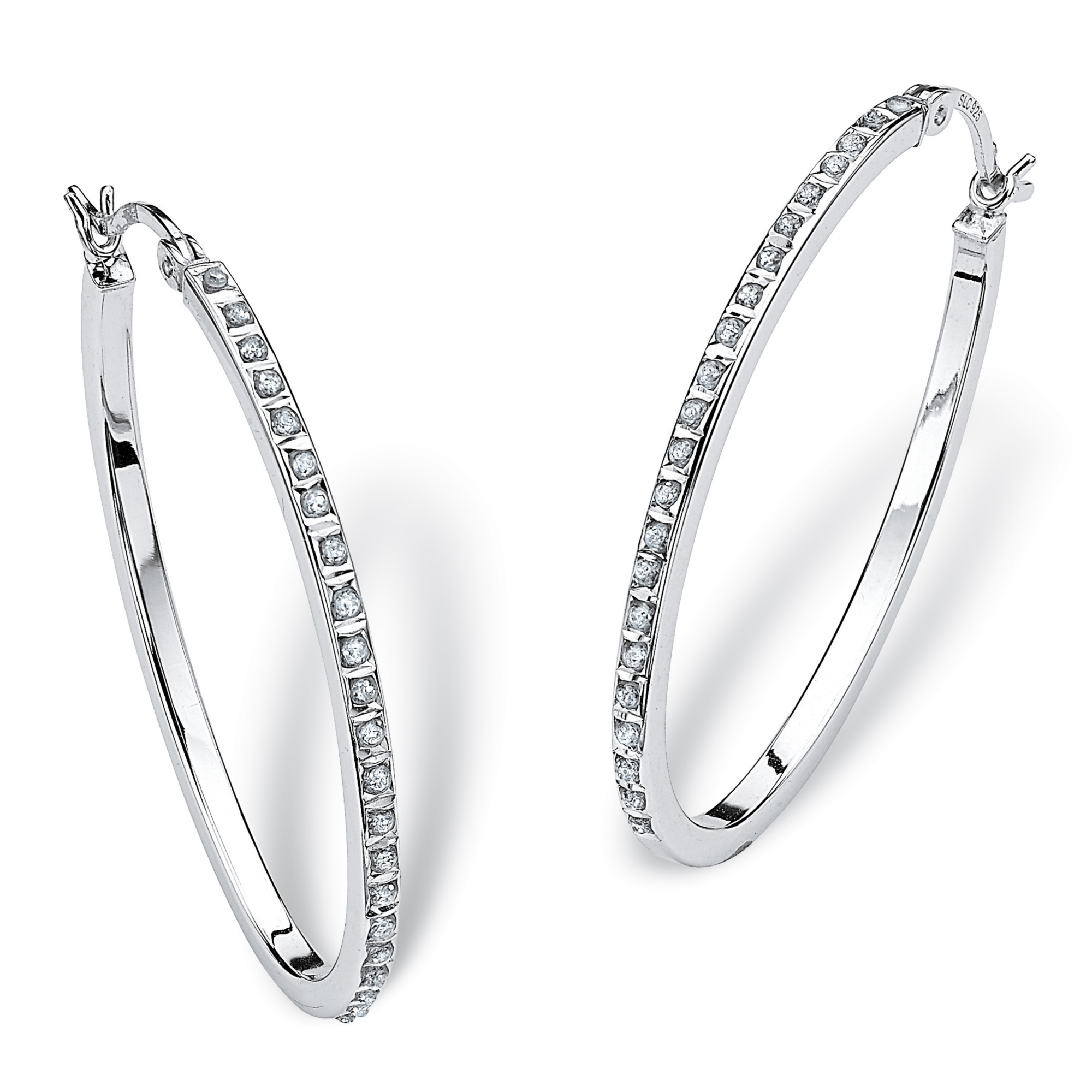 Platinum over Sterling Silver Oval-Shaped Diamond Fascination Hoop Earrings