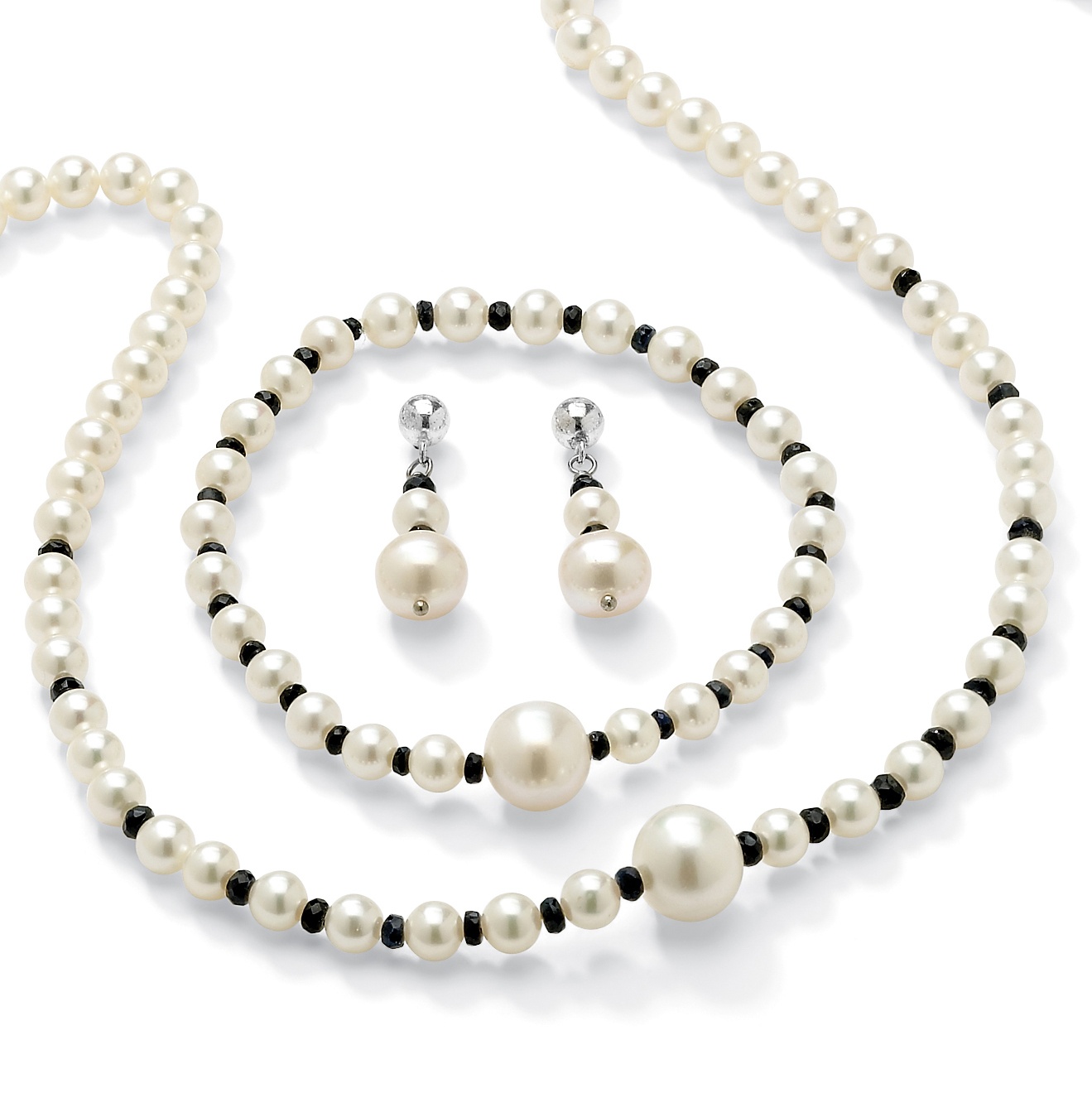 Sterling Silver Cultured Freshwater Pearl and Sapphire Necklace, Bracelet and...