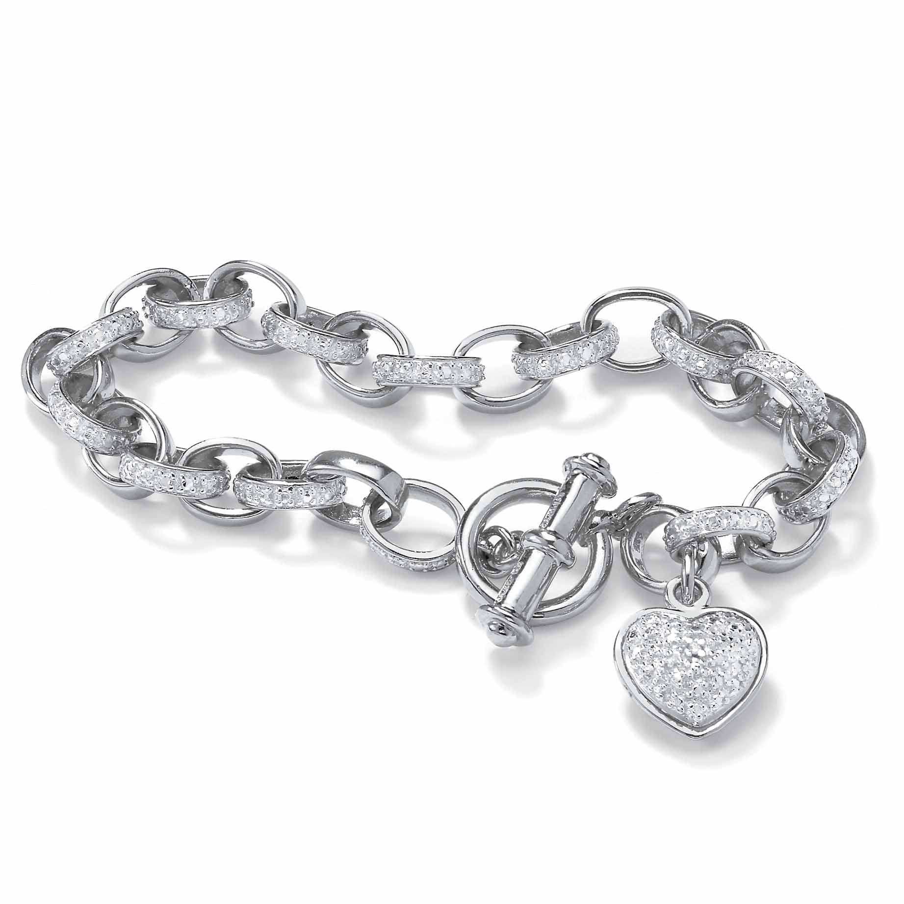 Platinum-Plated Diamond Accent Heart Charm Bracelet