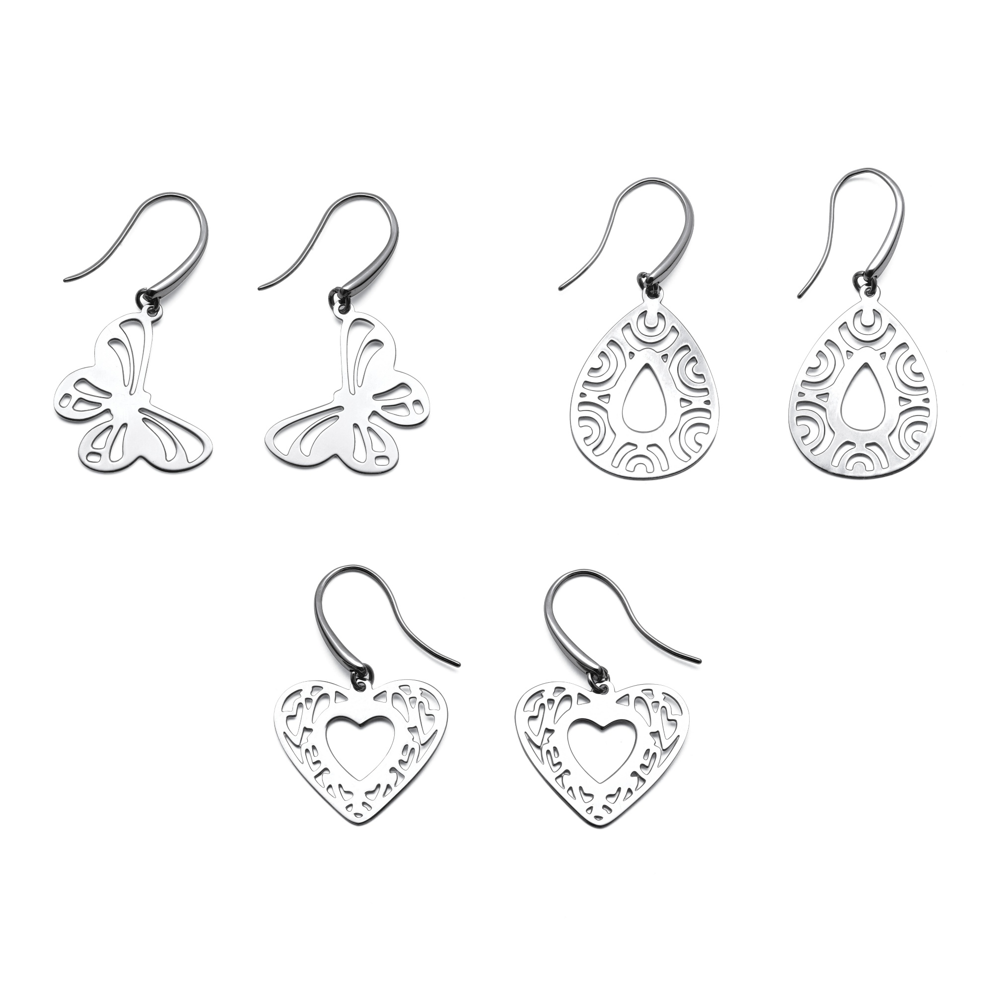 Stainless Steel Three-Pair Drop Pierced Earring Set