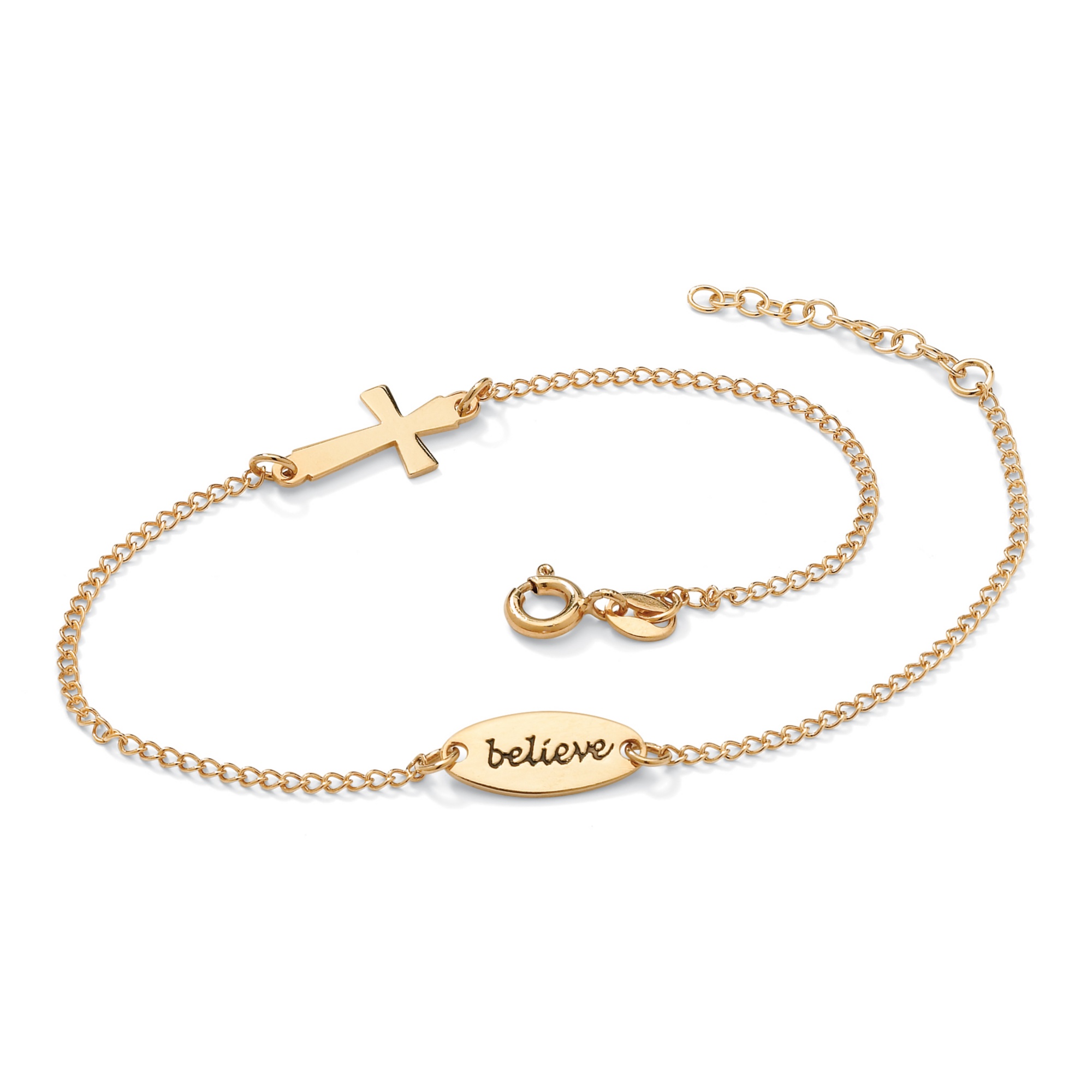 14k Gold over Sterling Silver Inspirational Believe Cross Ankle Bracelet