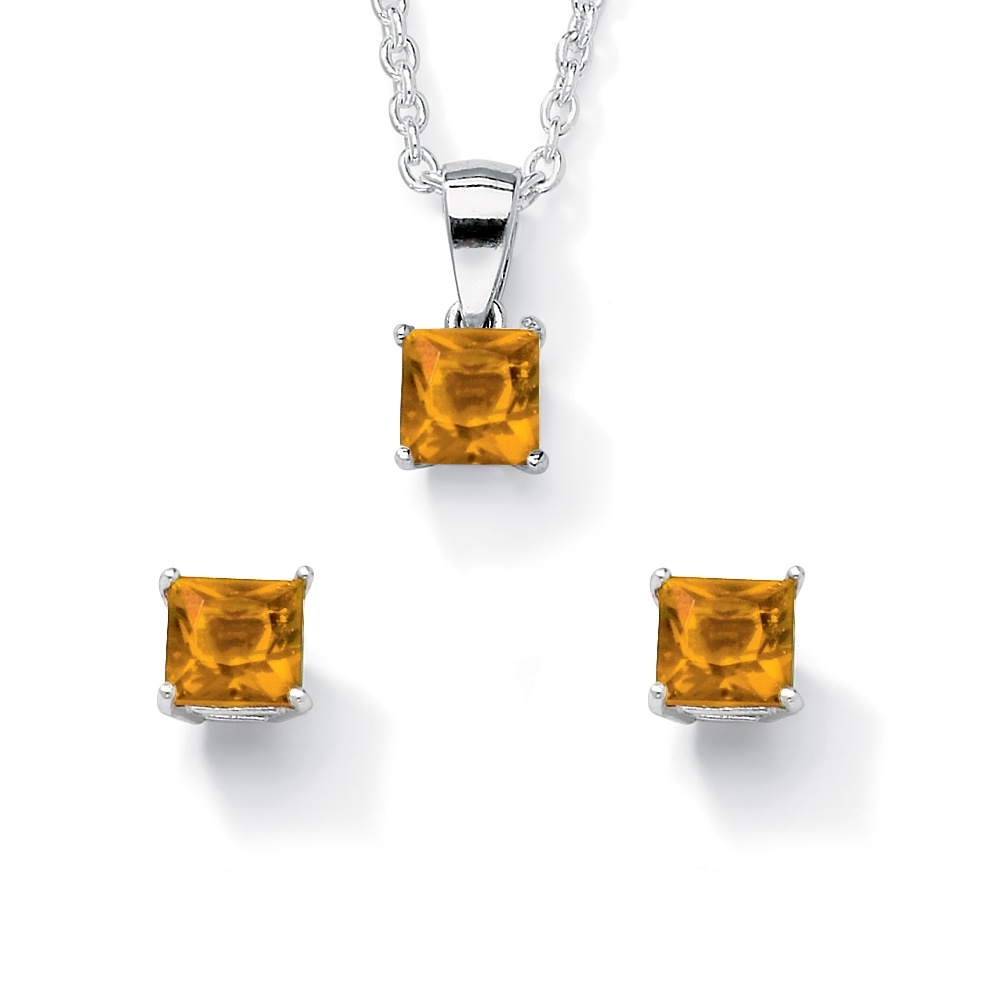 Sterling Silver Princess-Cut Birthstone Pendant and Pierced Earring Set