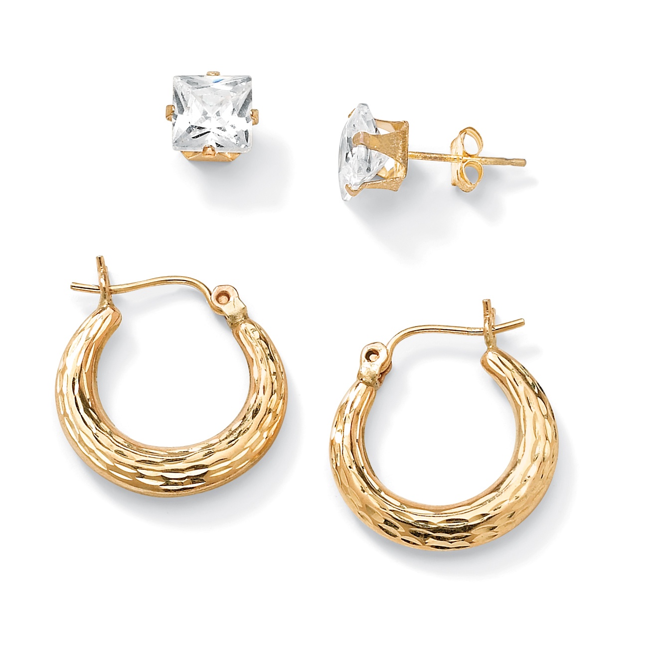 10k Gold Princess-Cut DiamonUltra&trade; Cubic Zirconia and Hoop Pierced ...