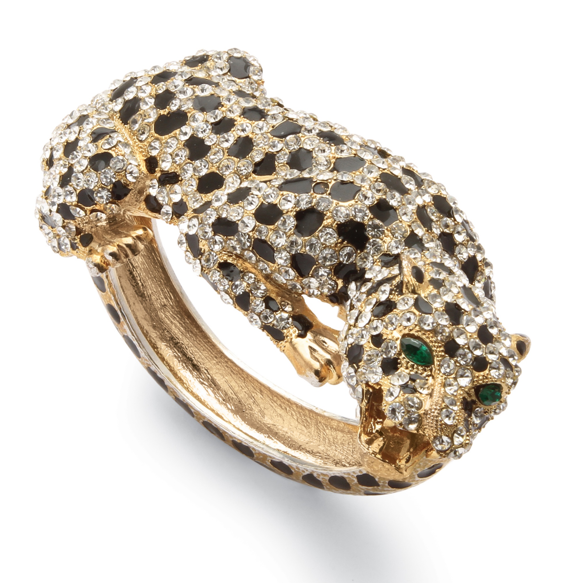 14k Gold-Plated Crystal Leopard Hinged Bangle Bracelet