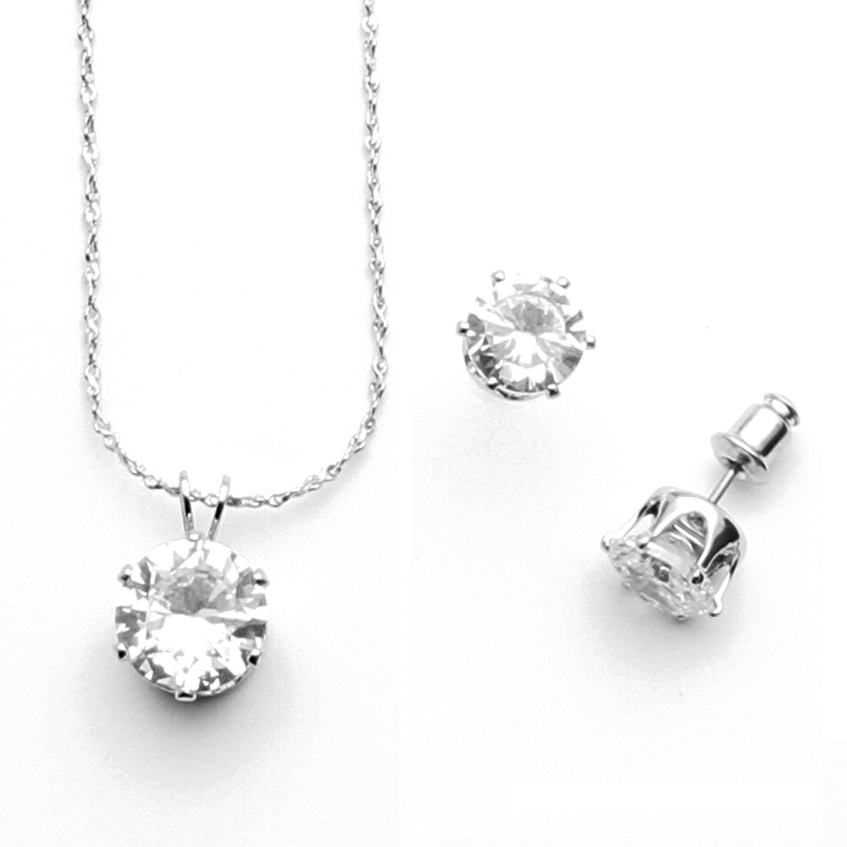 Silvertone DiamonUltra&trade; Cubic Zirconia Solitaire Necklace and Pierced ...