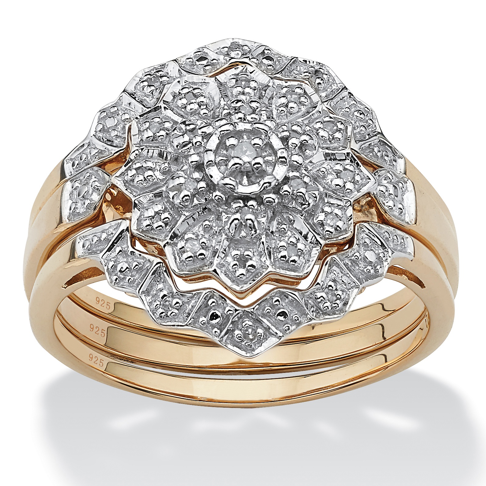Tutone 14k Gold over Sterling Silver Three-Piece Diamond Wedding Ring Set