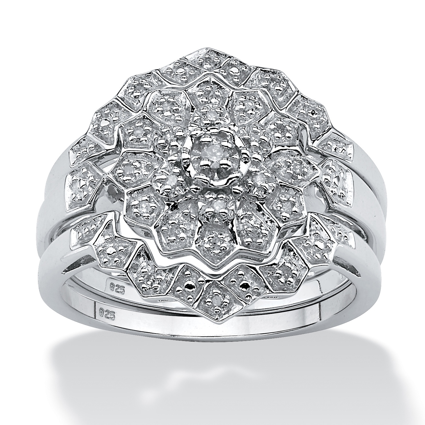 Platinum over Sterling Silver Three-Piece Diamond Wedding Ring Set
