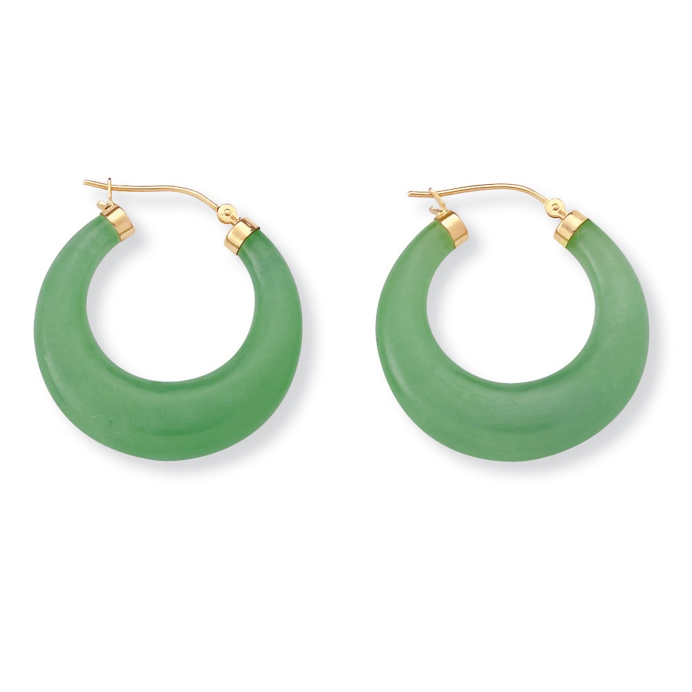 14k Gold over Sterling Silver Green Jade Hoop Pierced Earrings