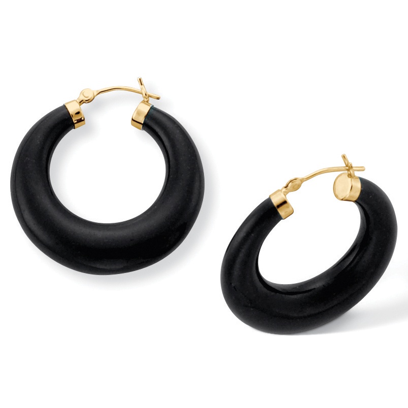 14k Gold over Sterling Silver Reconstituted Onyx Hoop Pierced Earrings