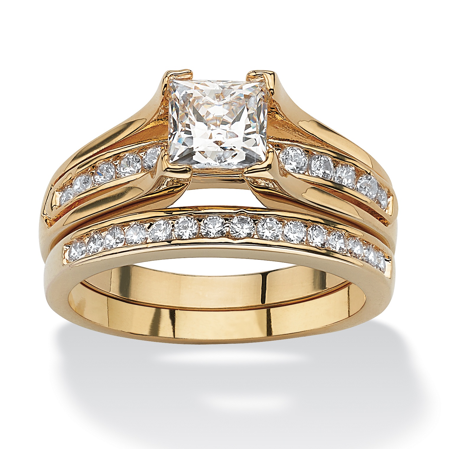 1.87 TCW Princess-Cut Cubic Zirconia 14k Yellow Gold-Plated Bridal Engagement Ring Wedding Band Set
