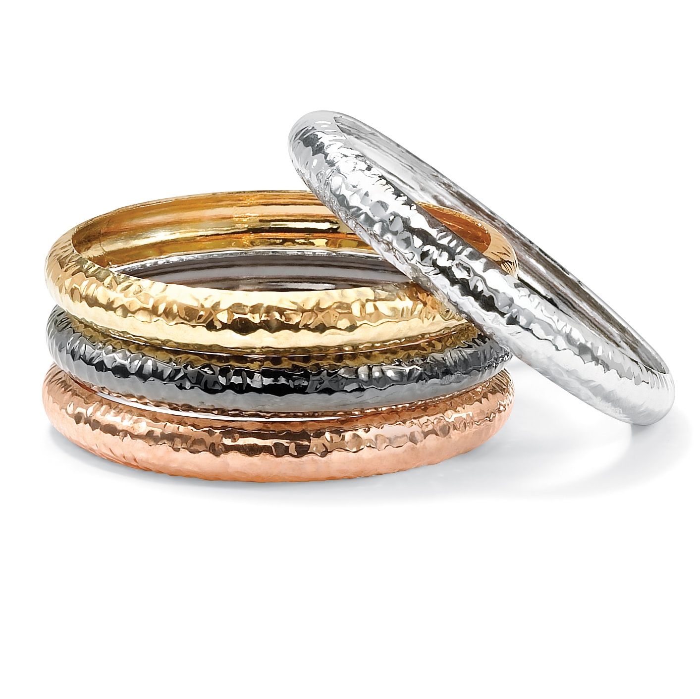Rosetone Blacktone Goldtone Silvertone Metal Set of Four Hammered-Style Bangle Bracelets