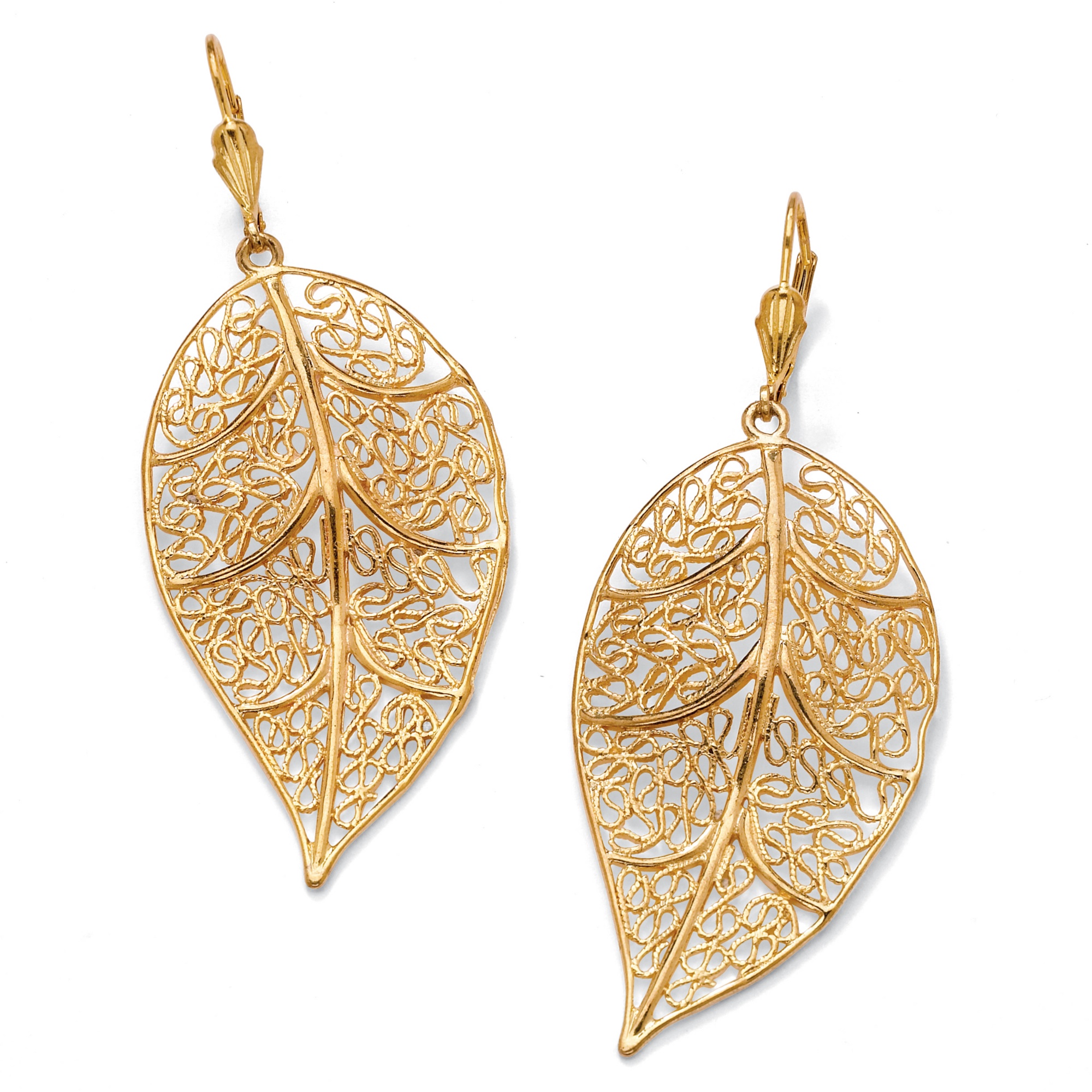 Filigree Leaf Drop Pierced Earrings in 14k Gold-Plated