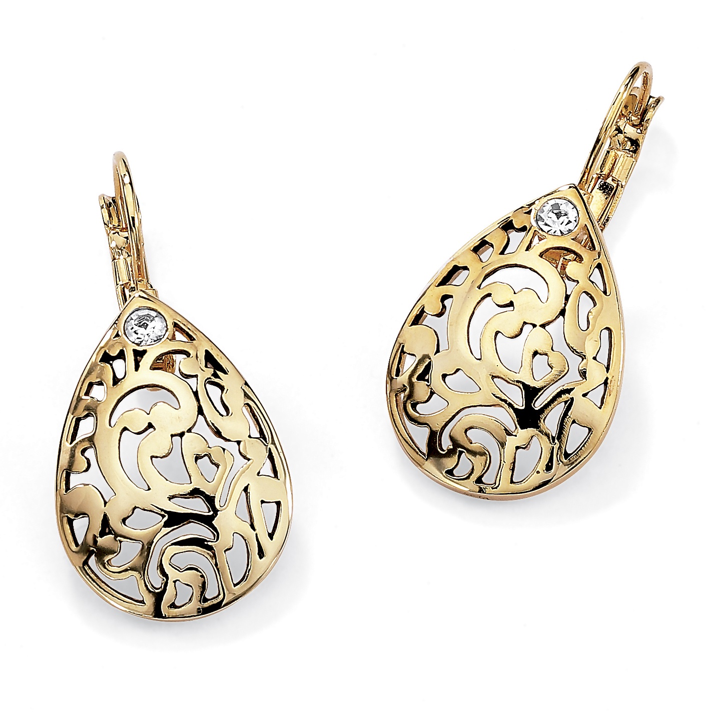 Round Crystal Accent 14k Yellow Gold-Plated Filigree Pear-Shaped Drop Earrings