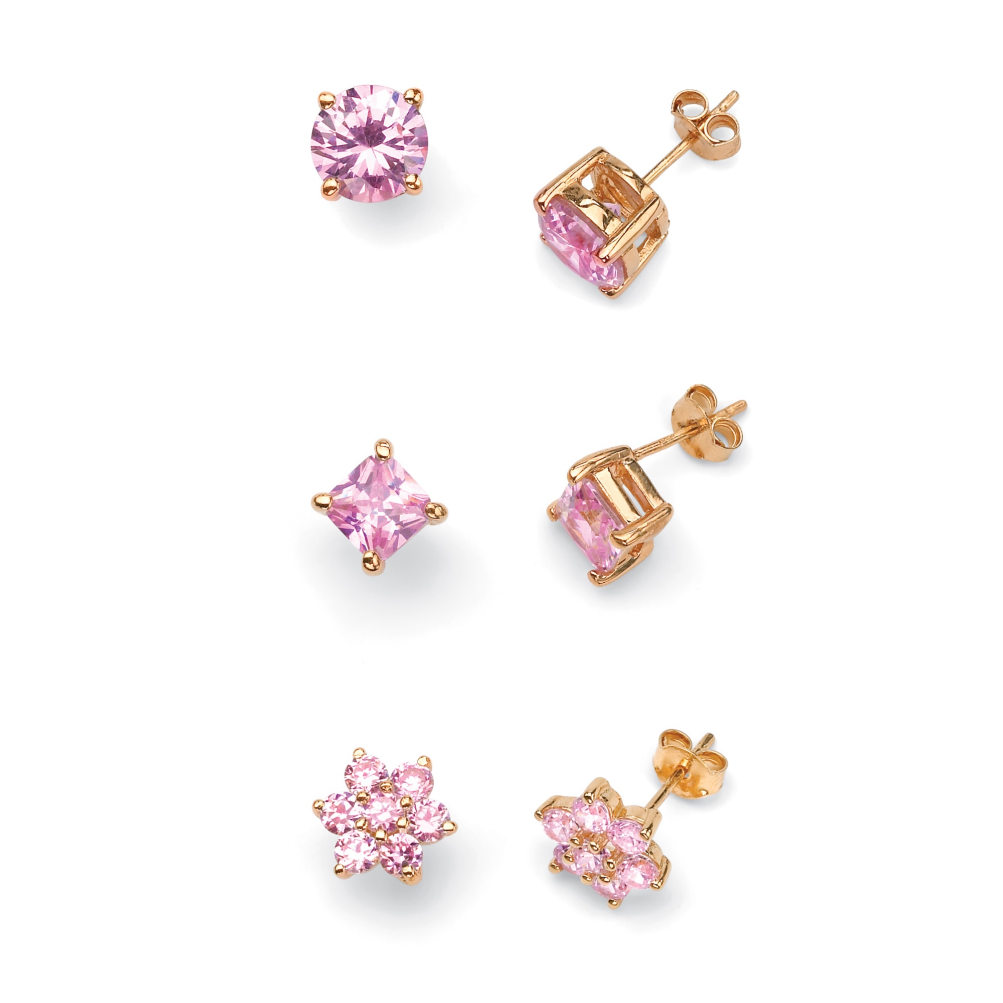 14k Gold-Plated Three-Pair Set of Pink DiamonUltra&trade; Cubic Zirconia Stud...