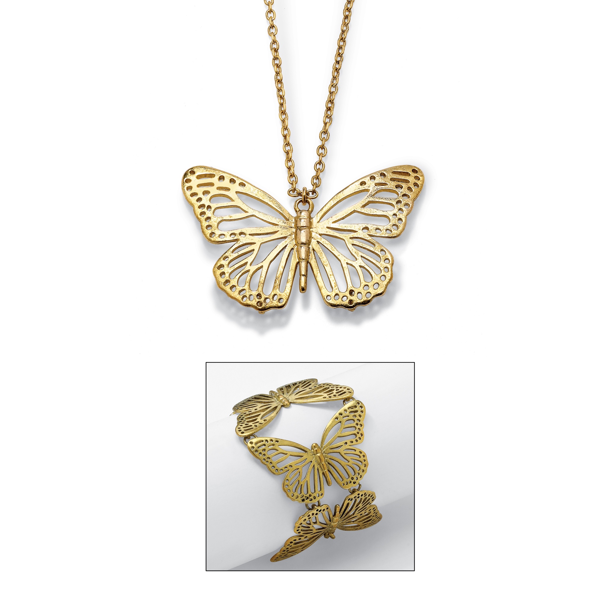 Butterfly Necklace and Bracelet Set in Antiqued Goldtone Metal