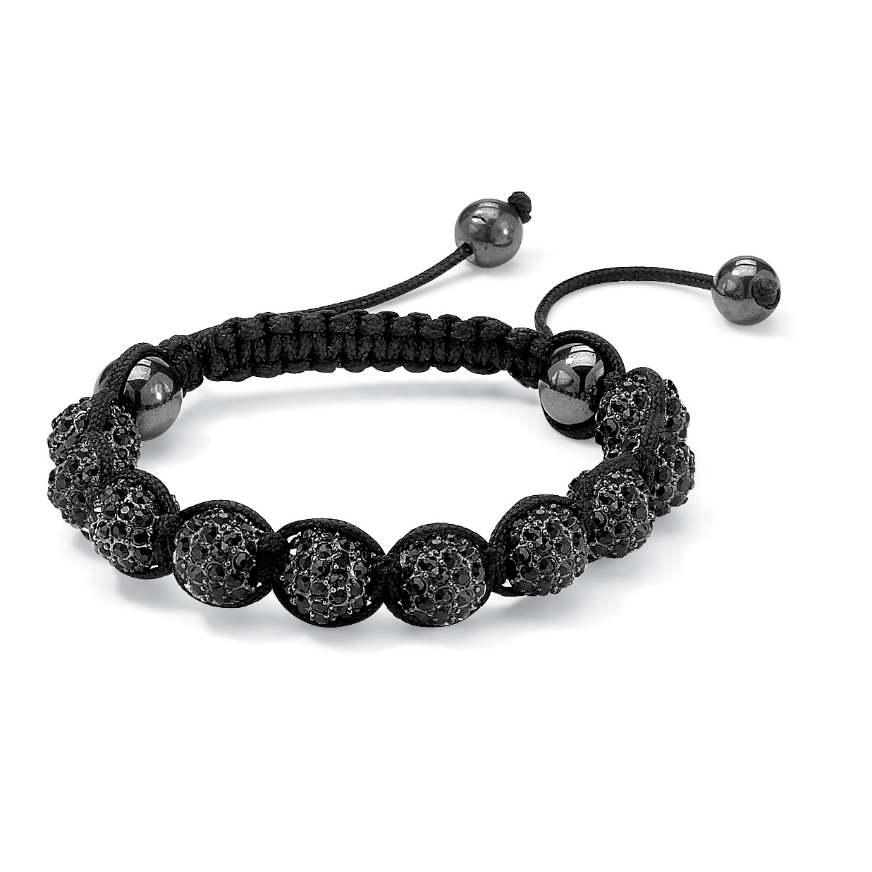 Black Ruthenium Finish and Macrame Rope Black Crystal Ball Adjustable Bracelet