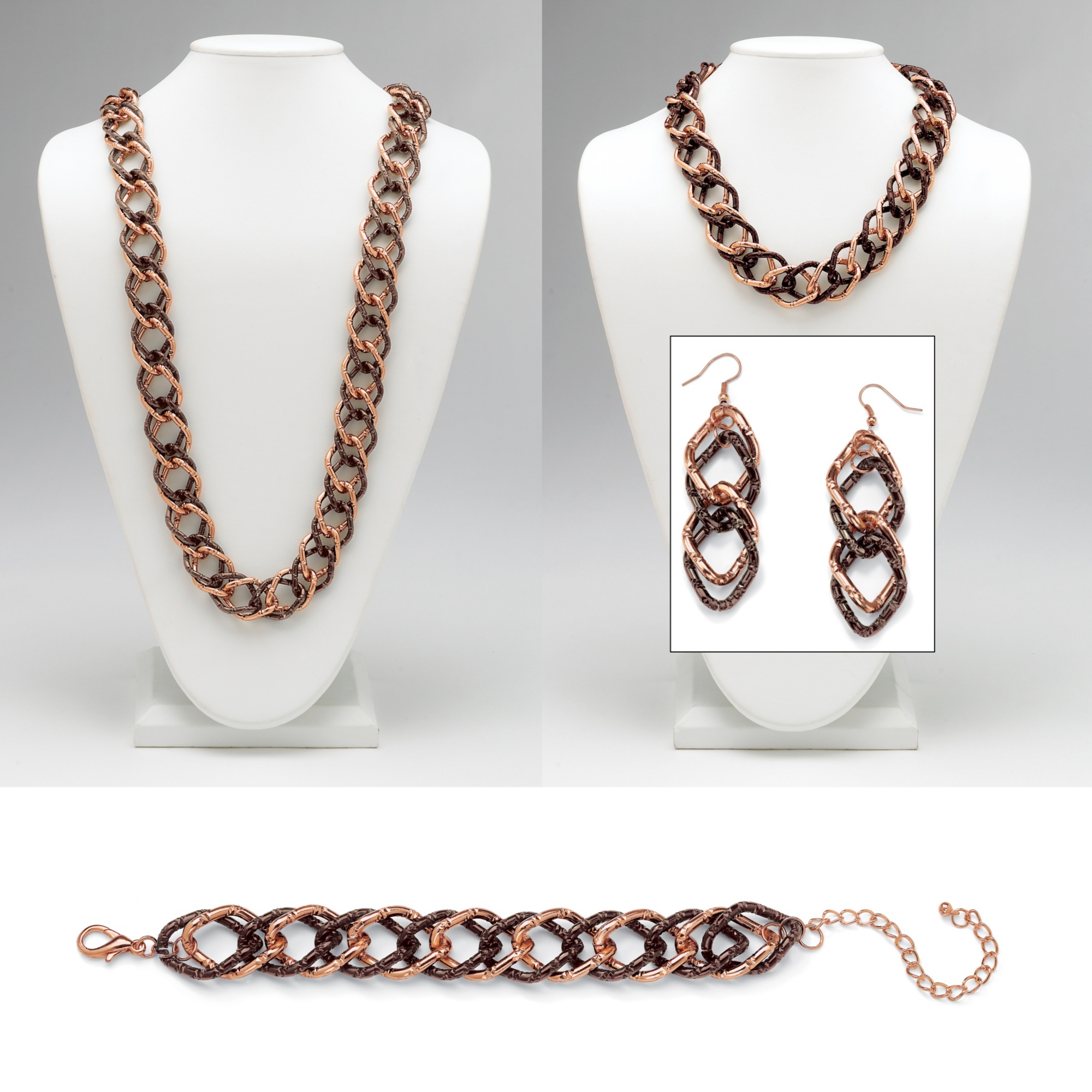 Double Curb-Link Necklace, Bracelet and Pierced Earring Set in Chocolate and ...