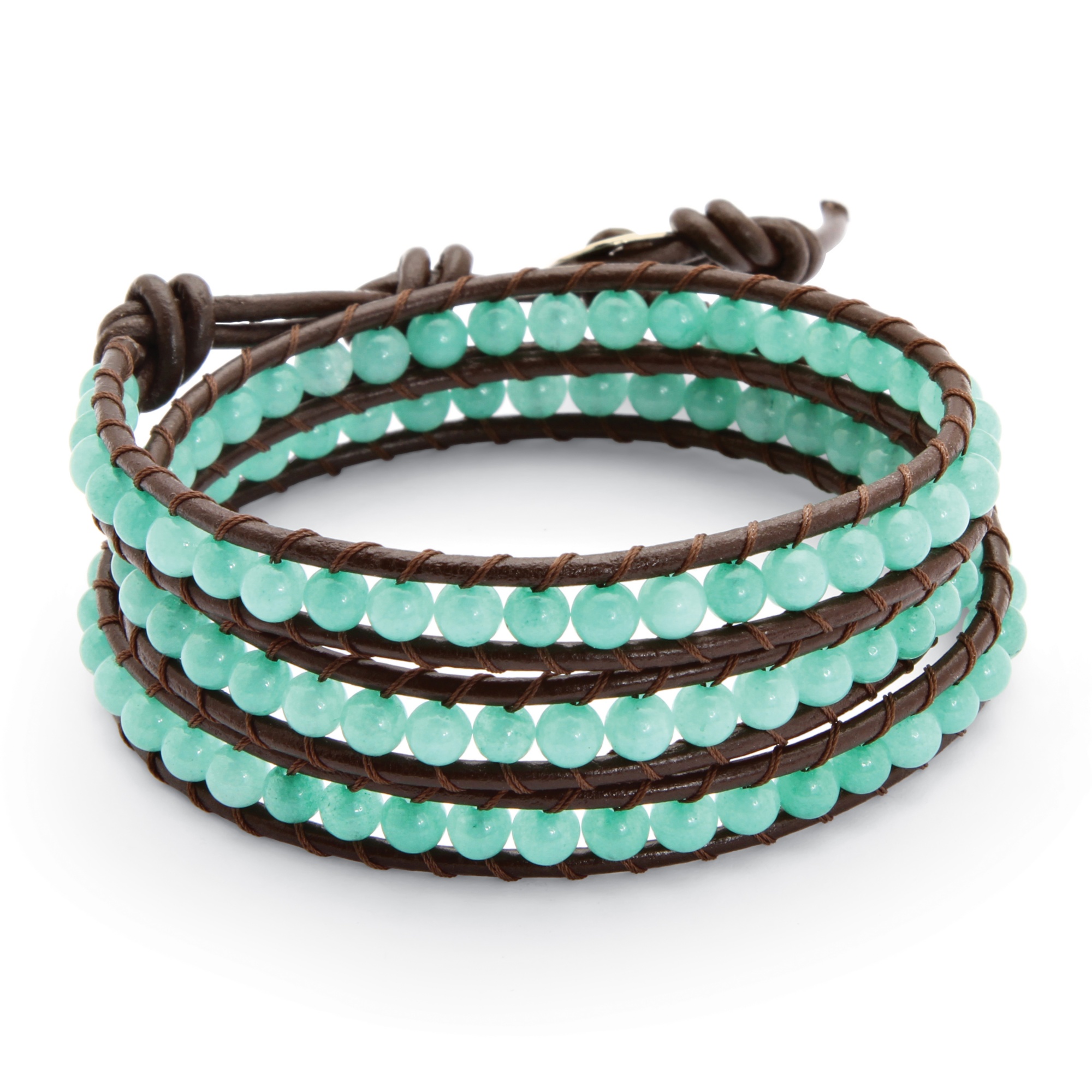 Turquoise-Colored Chalcedony Wrap Bracelet in Leather