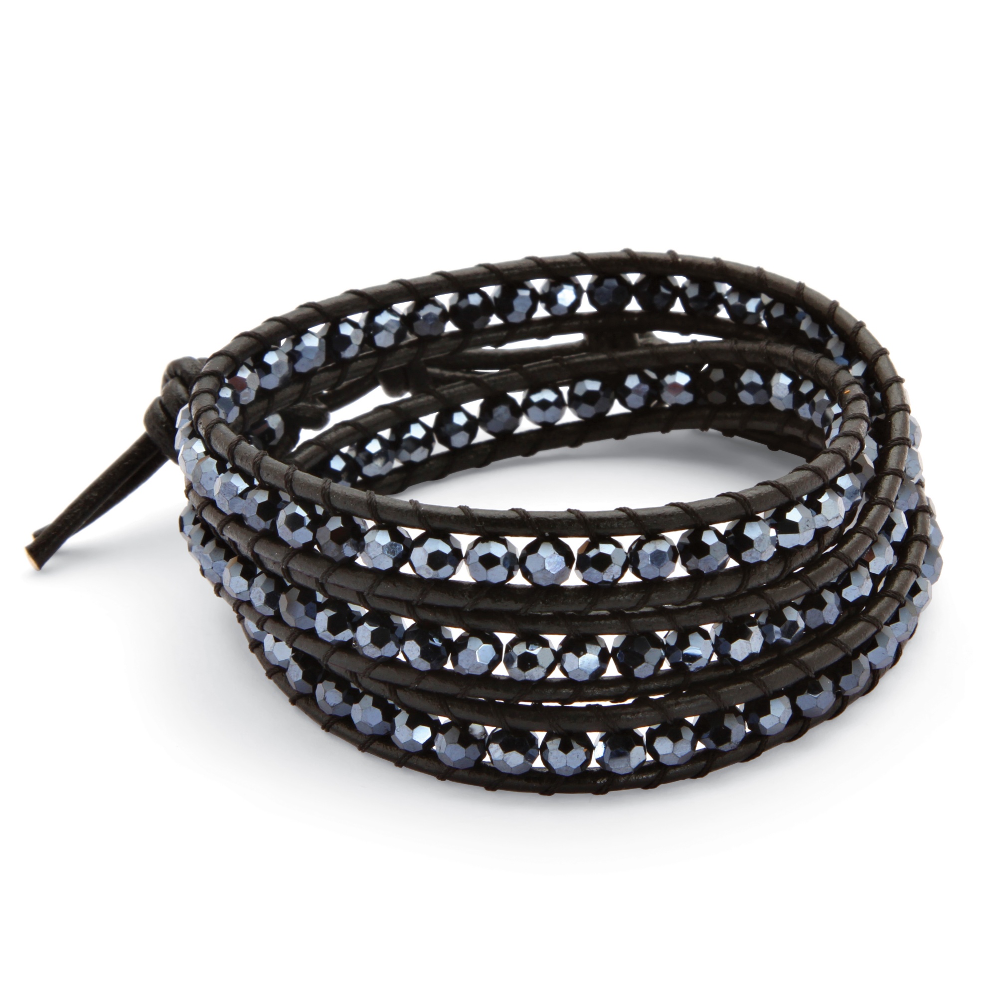 Black Crystal Wrap Bracelet in Leather