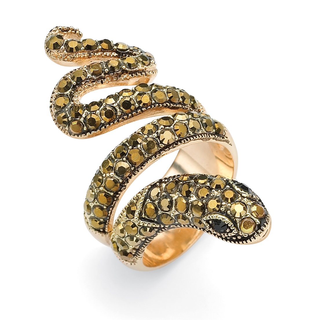 Brown and Black Crystal Coiled Snake Ring in 14k Gold-Plated