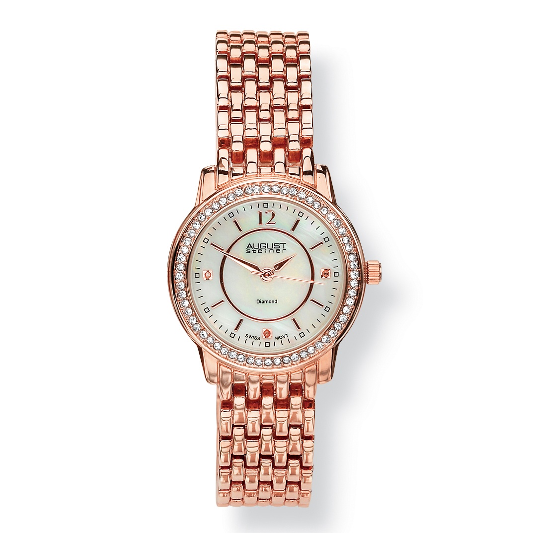 Diamond Accent and Mother-of-Pearl Rose Gold-Plated Panther-Link Watch Adjustable 7 1/2