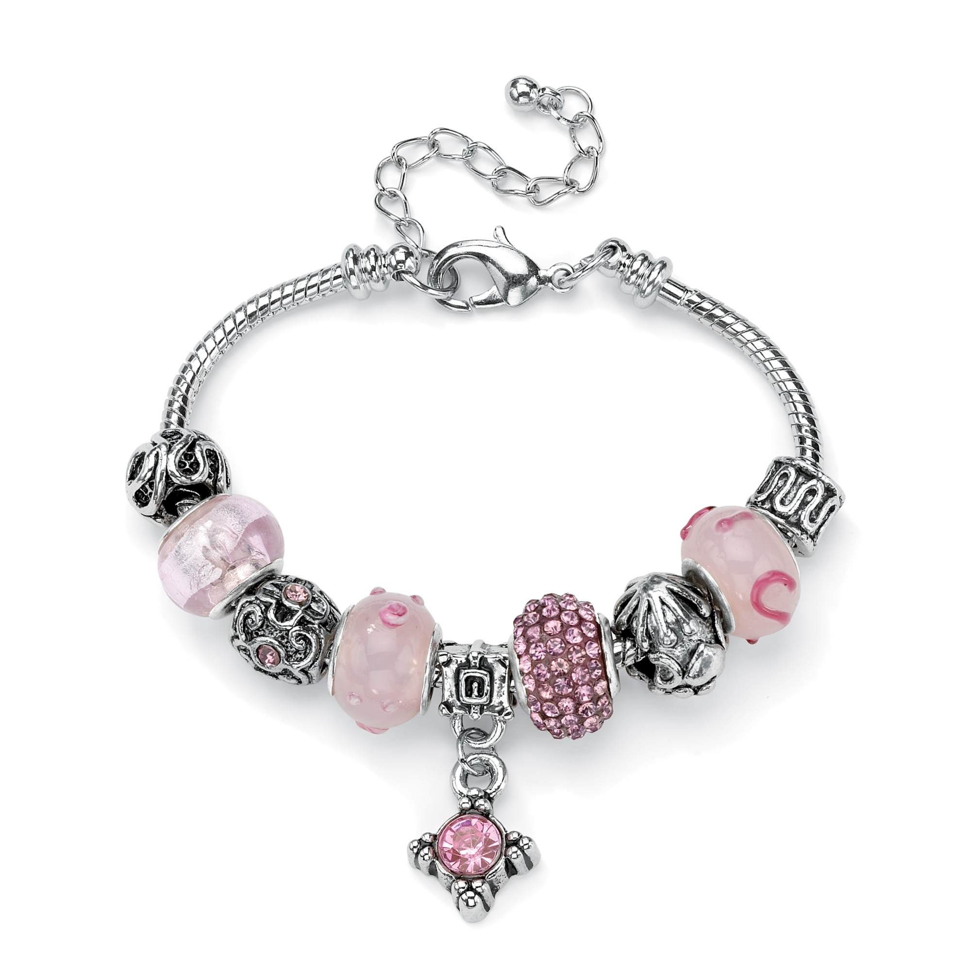 Pink Crystal Bali-Style Beaded Charm and Spacer Bracelet in Silvertone Metal