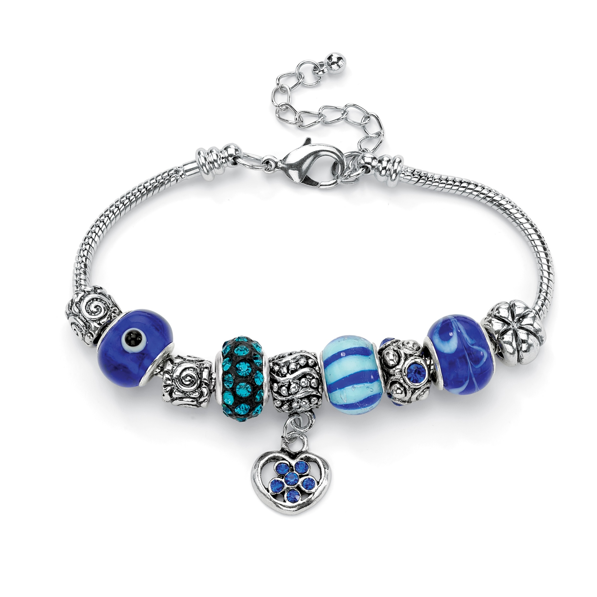 Blue Crystal Bali-Style Beaded Charm and Spacer Bracelet in Silvertone Metal
