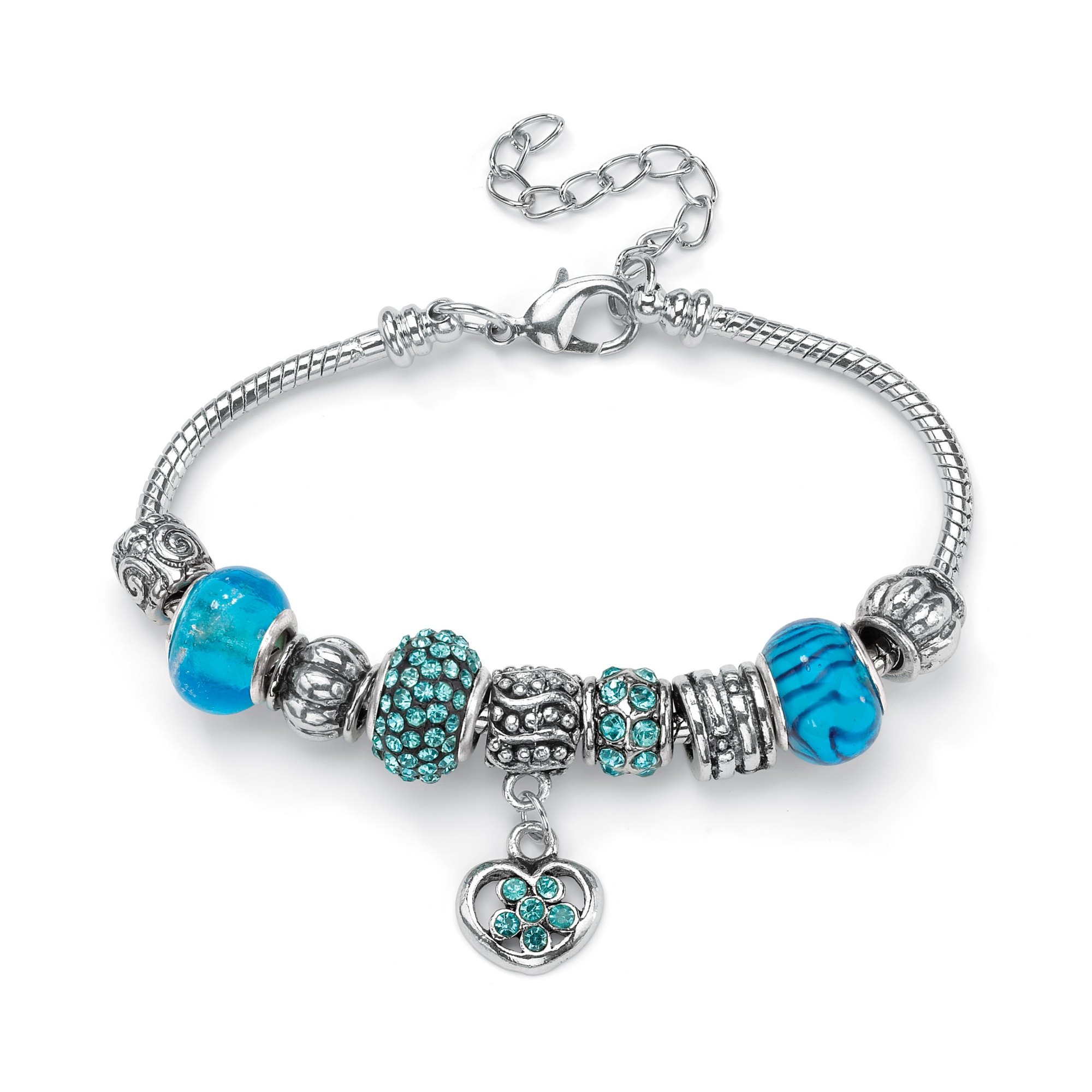 Aquamarine-Colored Crystal Bali-Style Beaded Charm and Spacer Bracelet in ...