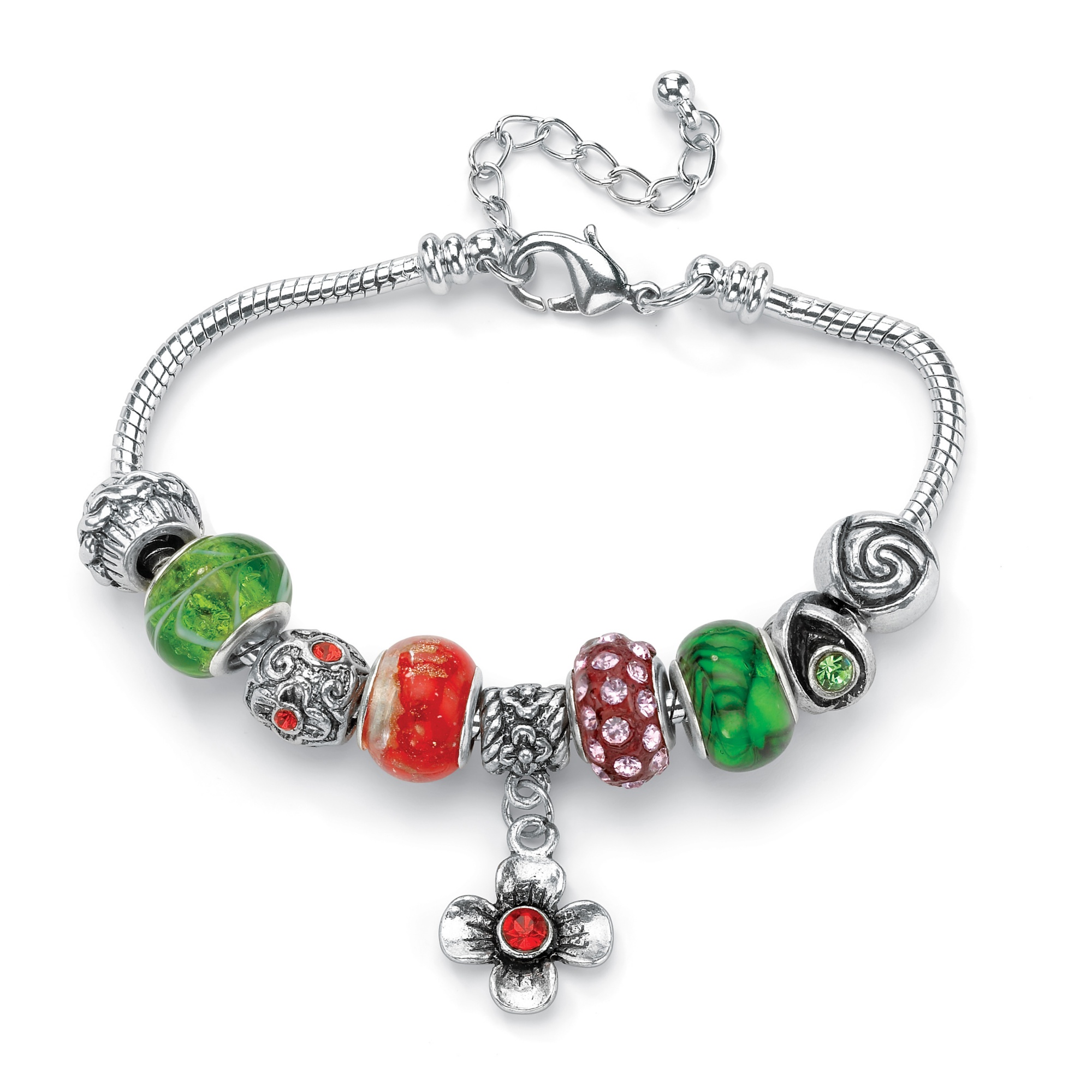 Multi-Colored Crystal Bali-Style Beaded Charm and Spacer Bracelet in ...