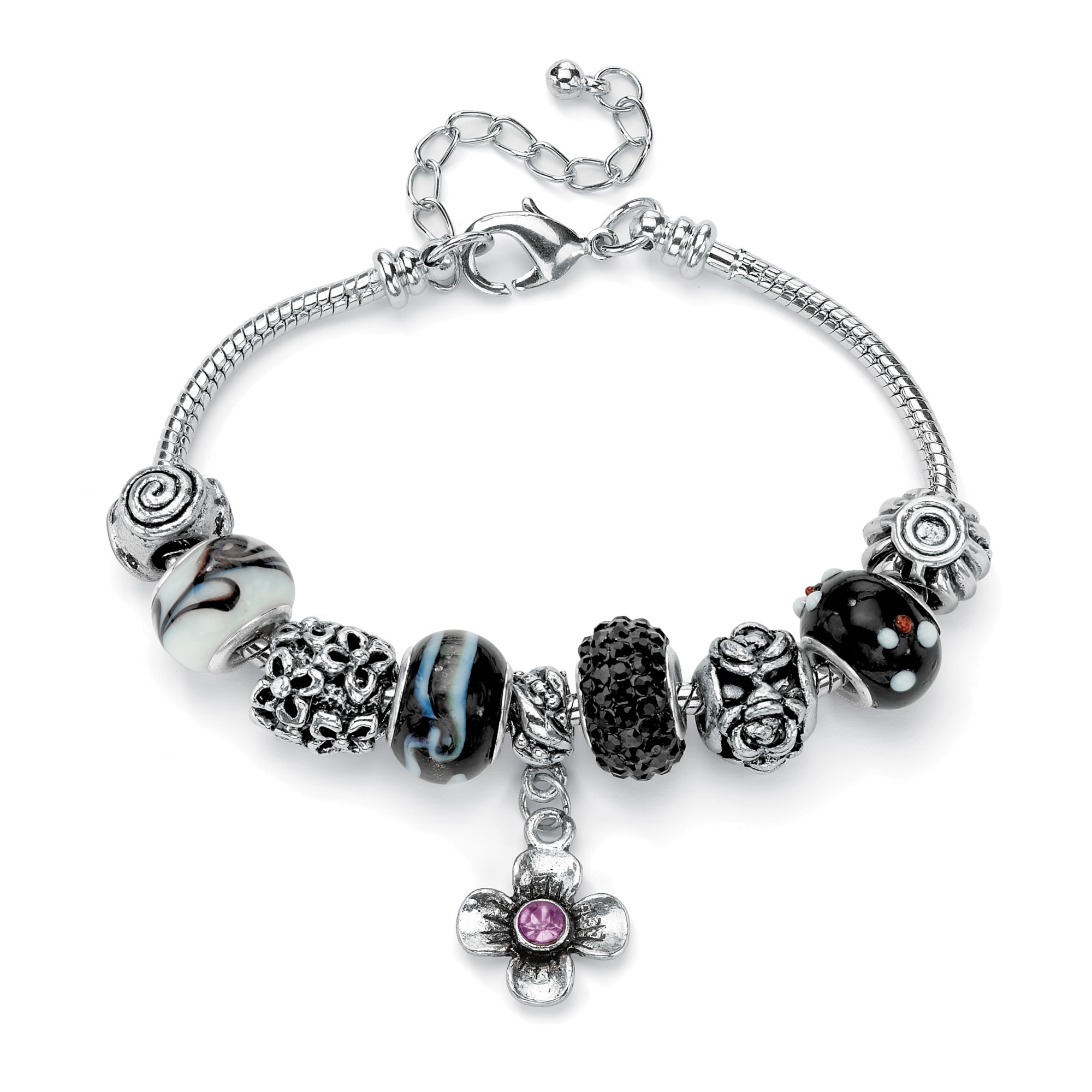 Black and Purple Crystal Silvertone Metal Bali-Style Charm and Spacer Bracelet Adjustable 8" to 10"