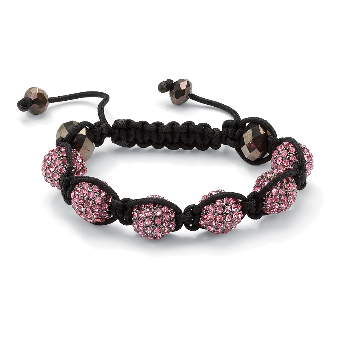 Black Ruthenium Finish and Macrame Rope Pink Crystal Ball Adjustable Bracelet