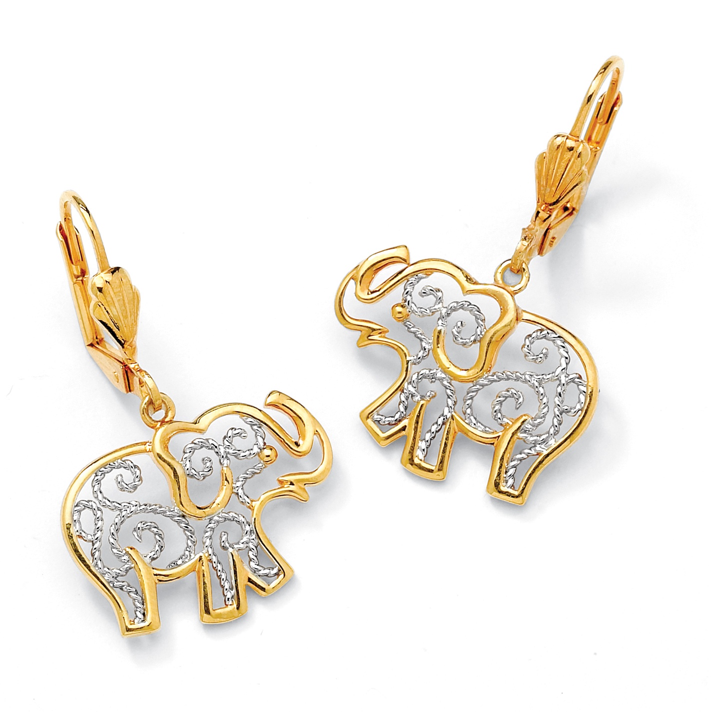 Filigree Elephant Drop Pierced Earrings in Tutone 18k Gold-Plated